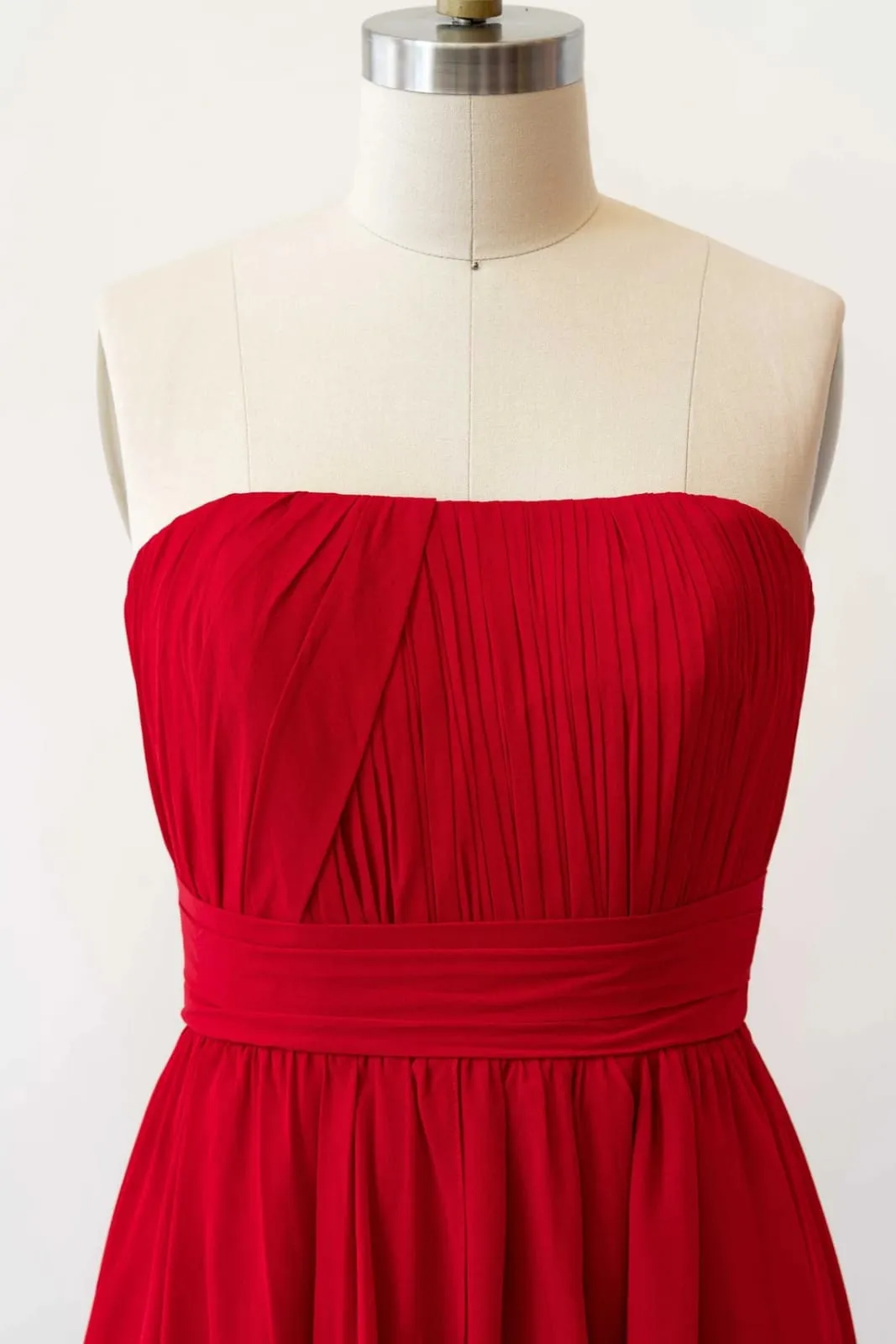 Cascade Skirt Red Chiffon Long Strapless Bridesmaid Dress