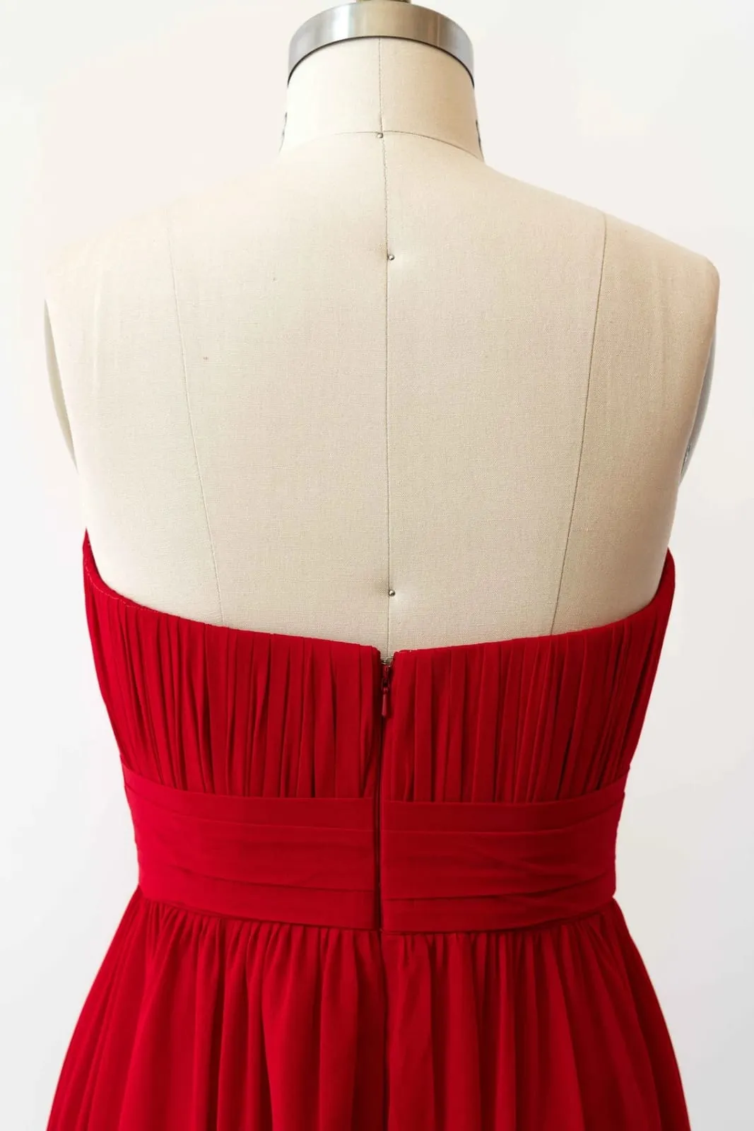 Cascade Skirt Red Chiffon Long Strapless Bridesmaid Dress