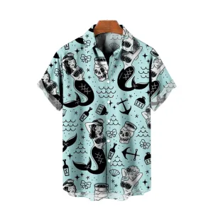 Casual Vacation Retro Mermaid Pattern Printed Short-Sleeved Shirt