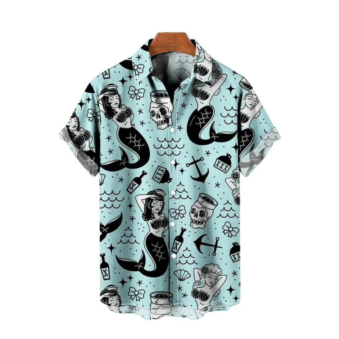 Casual Vacation Retro Mermaid Pattern Printed Short-Sleeved Shirt