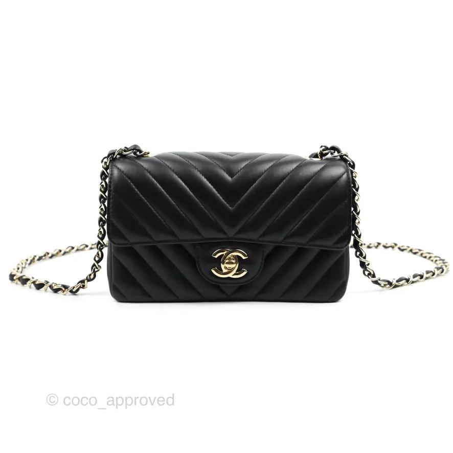 Chanel Chevron Mini Rectangular Flap Black Lambskin Gold Hardware