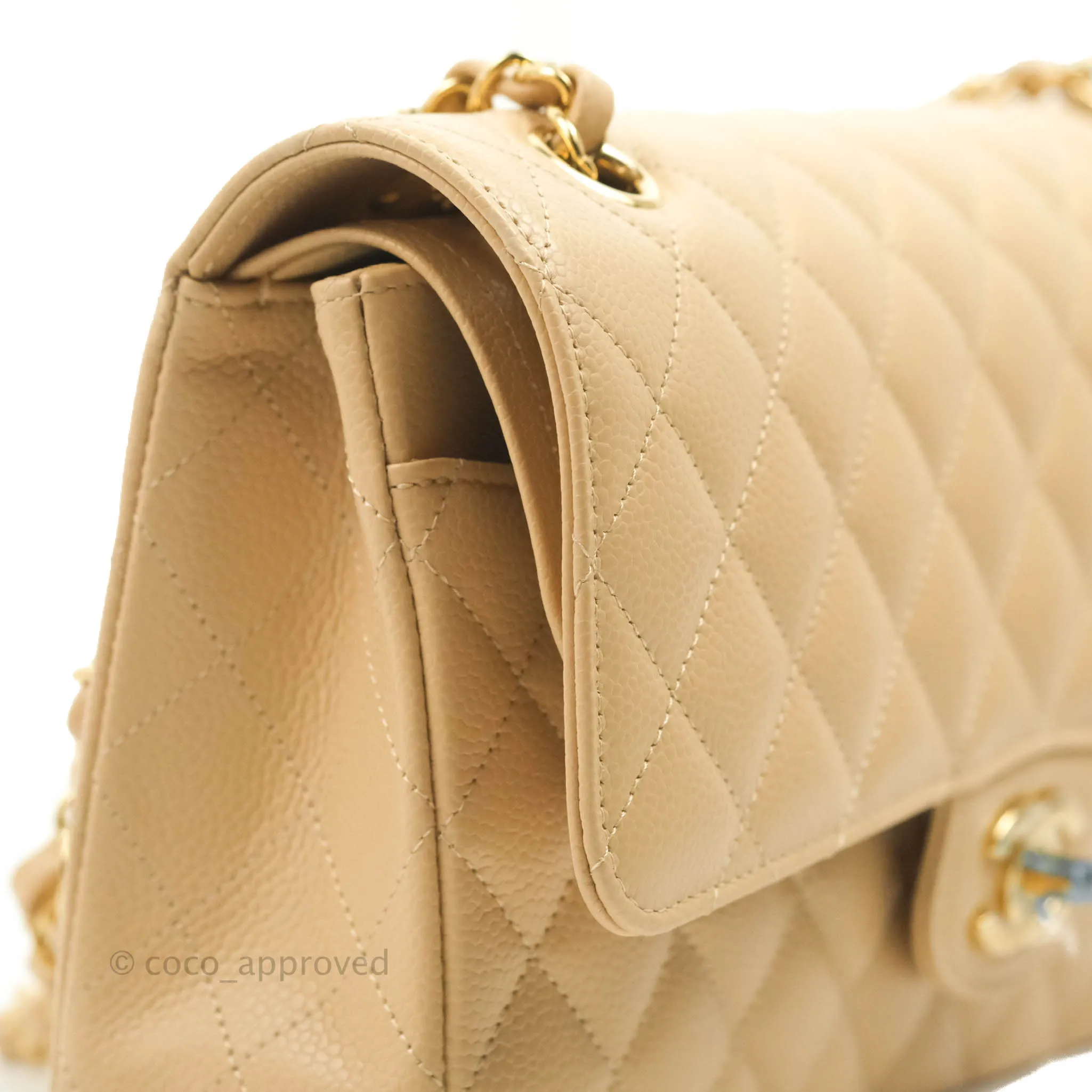Chanel Classic M/L Medium Flap Quilted Beige Caviar Gold Hardware