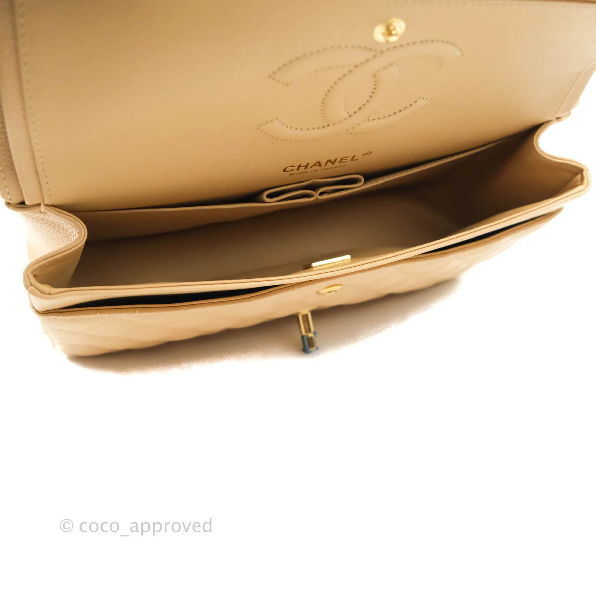 Chanel Classic M/L Medium Flap Quilted Beige Caviar Gold Hardware