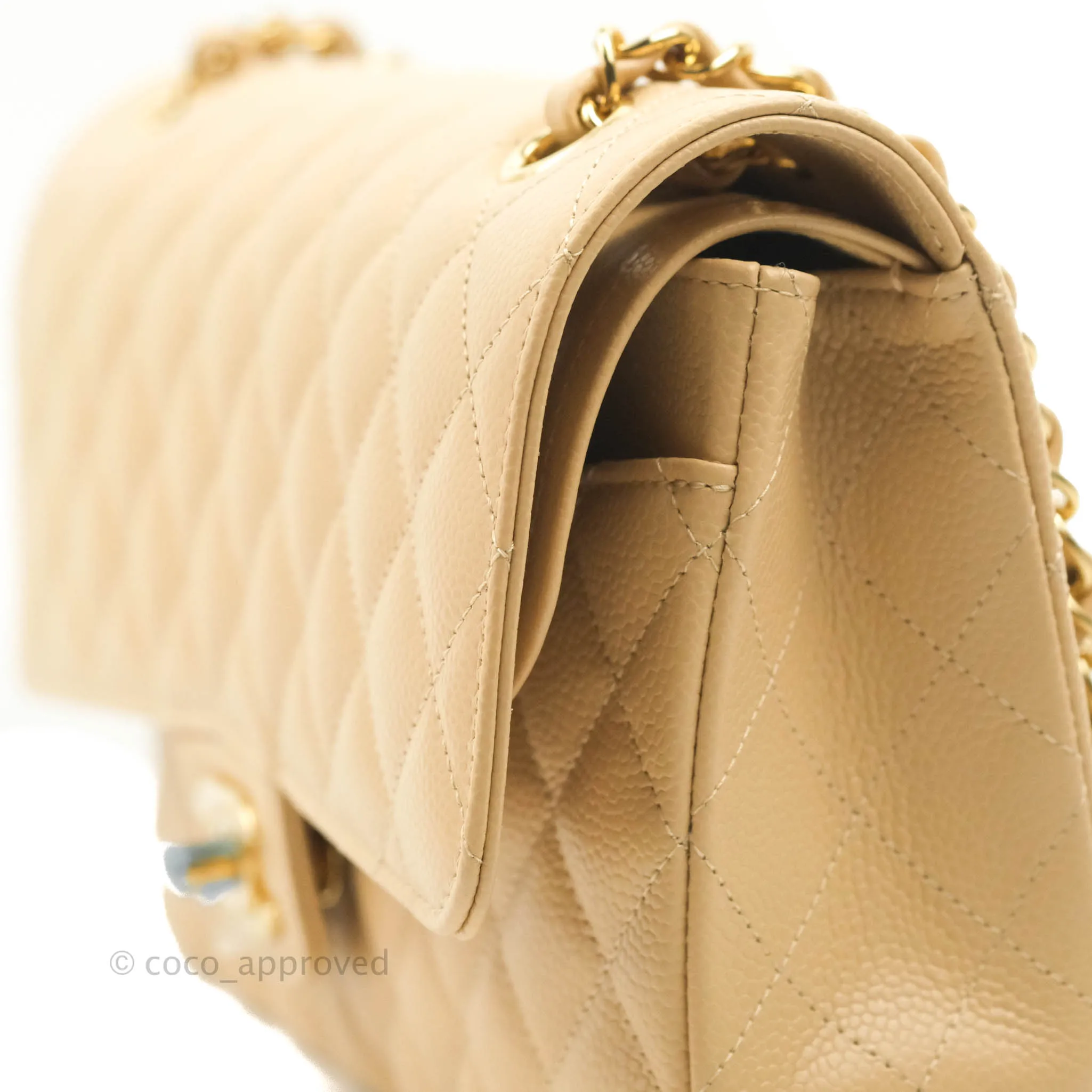 Chanel Classic M/L Medium Flap Quilted Beige Caviar Gold Hardware