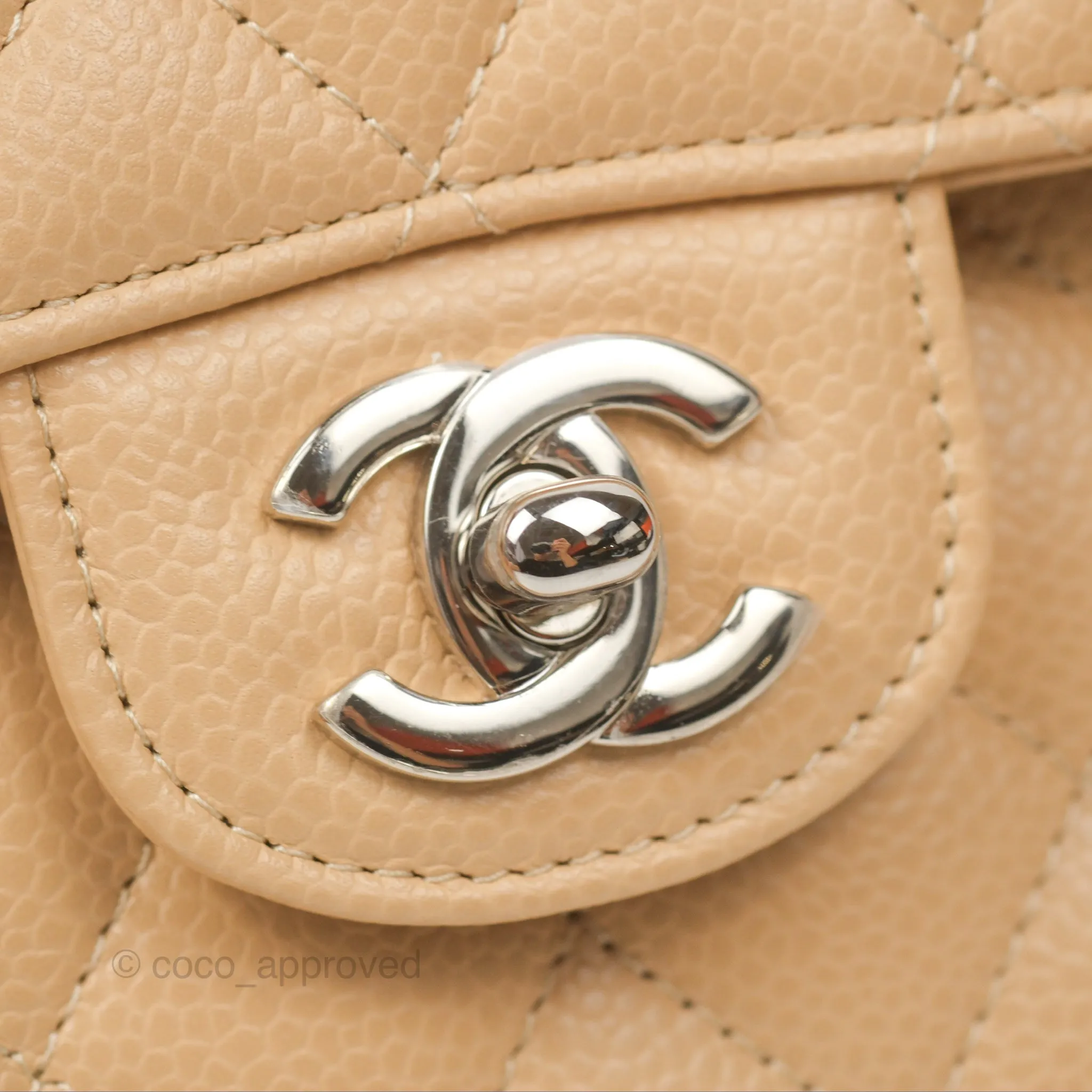 Chanel Classic M/L Medium Flap Quilted Beige Caviar Silver Hardware