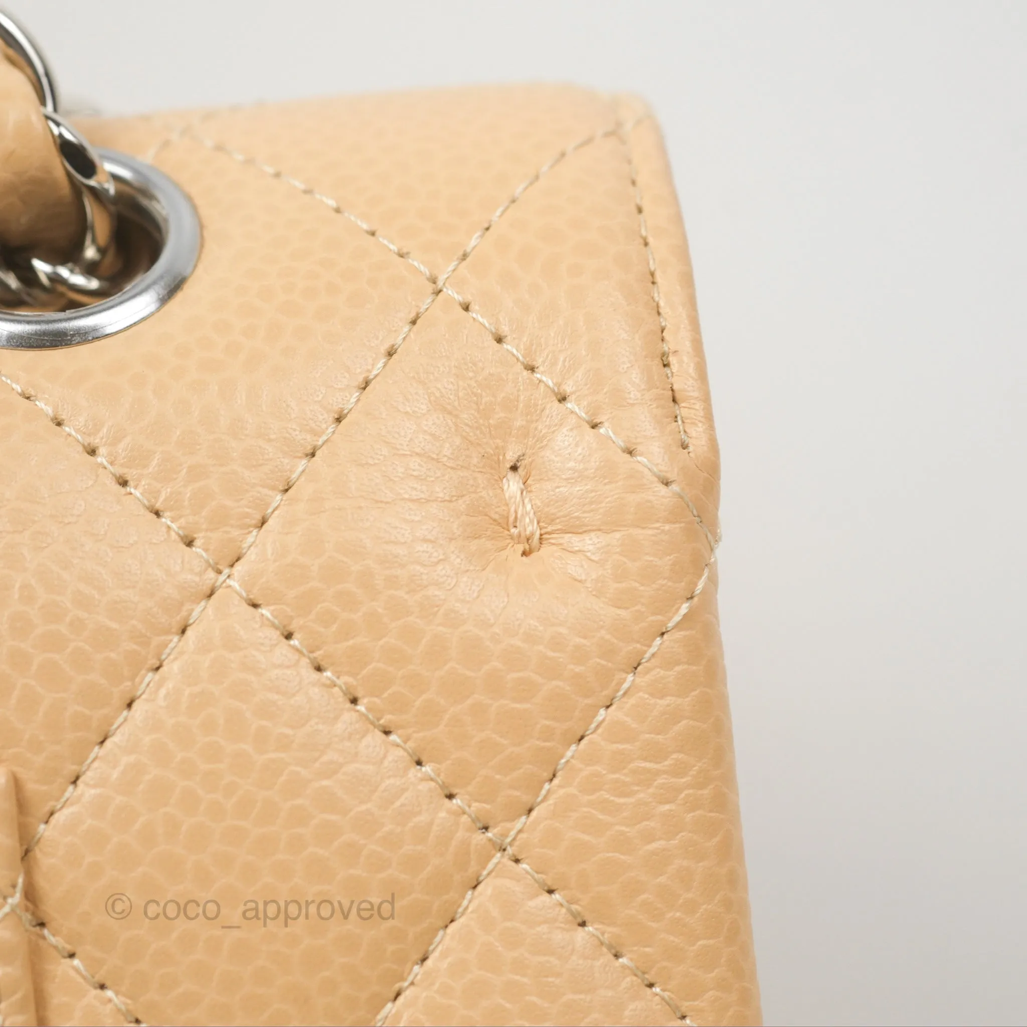 Chanel Classic M/L Medium Flap Quilted Beige Caviar Silver Hardware