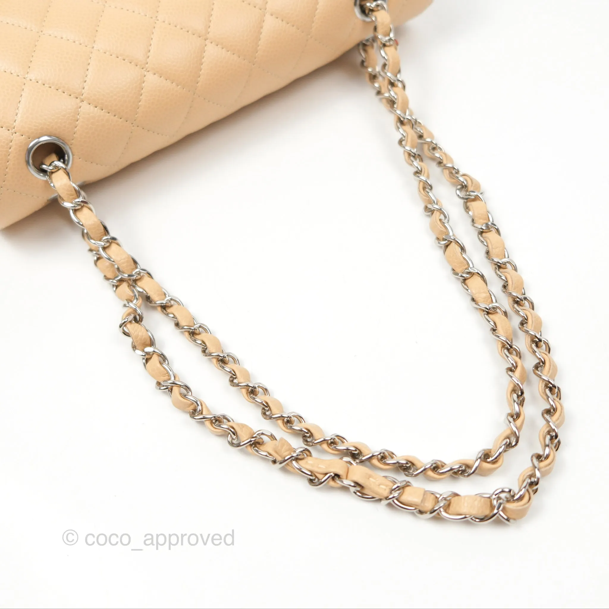 Chanel Classic M/L Medium Flap Quilted Beige Caviar Silver Hardware
