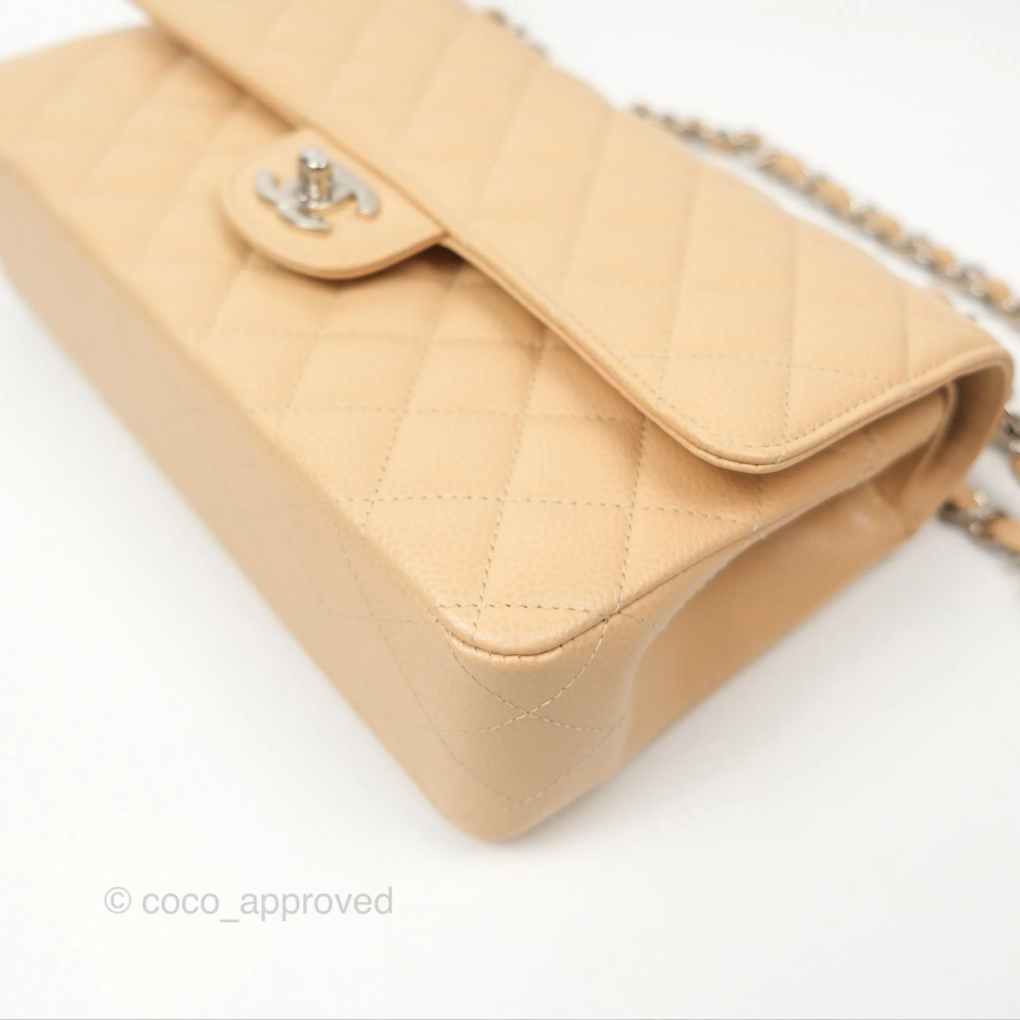 Chanel Classic M/L Medium Flap Quilted Beige Caviar Silver Hardware