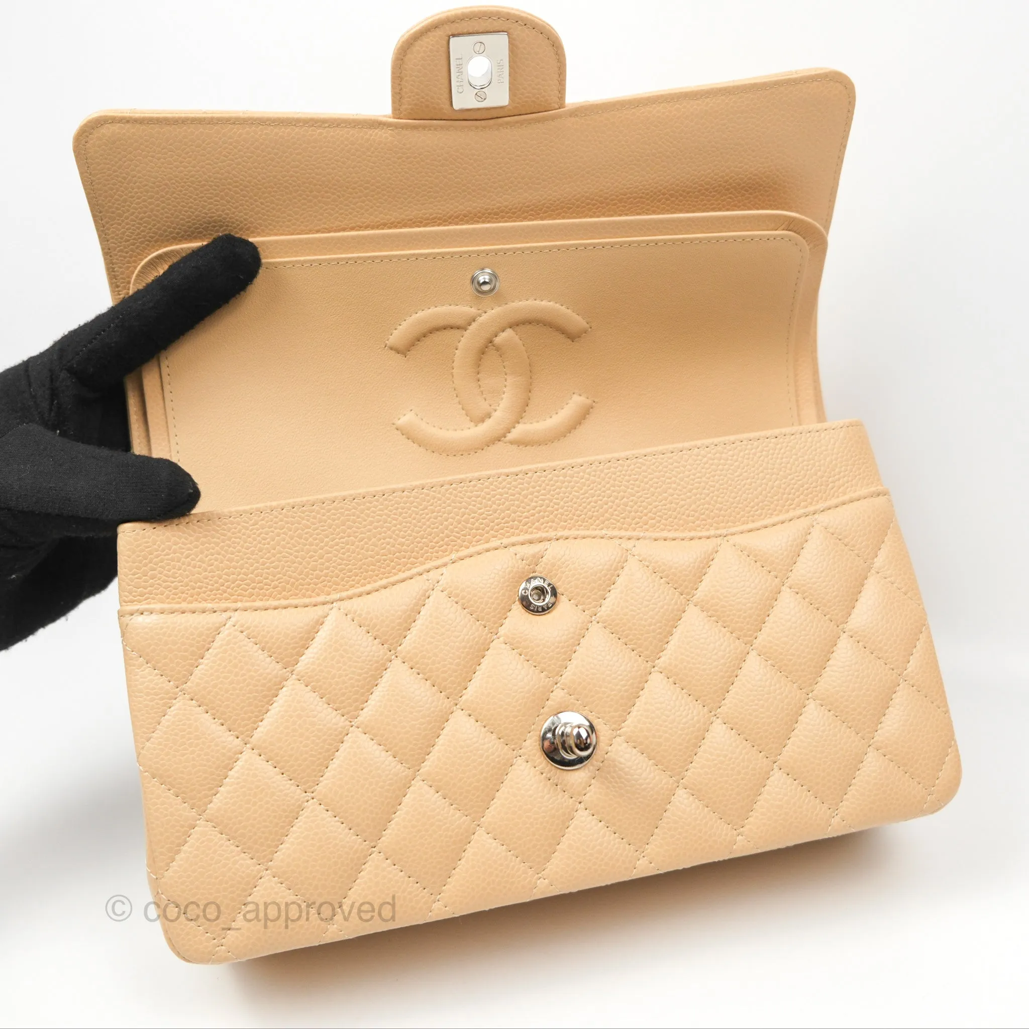 Chanel Classic M/L Medium Flap Quilted Beige Caviar Silver Hardware