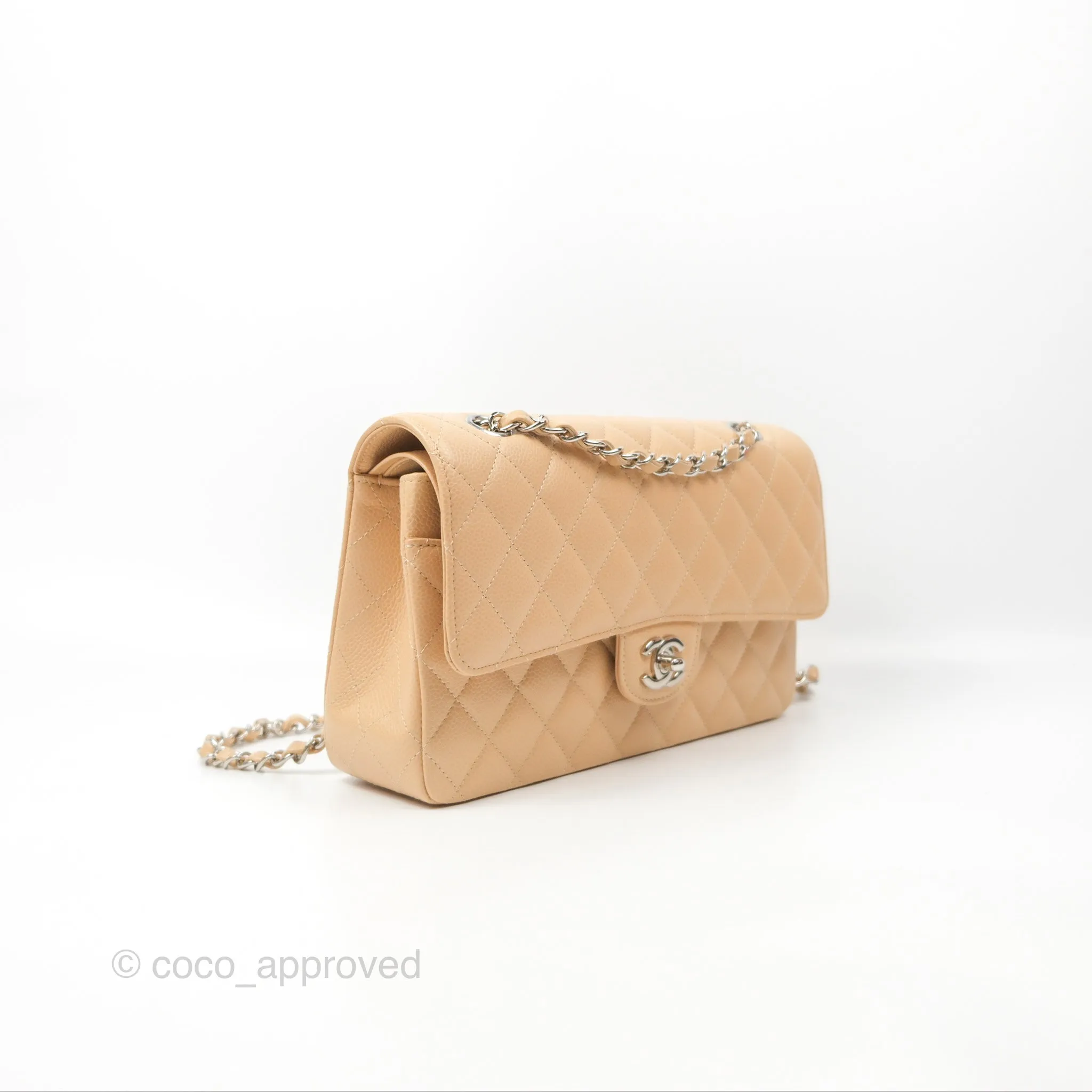 Chanel Classic M/L Medium Flap Quilted Beige Caviar Silver Hardware