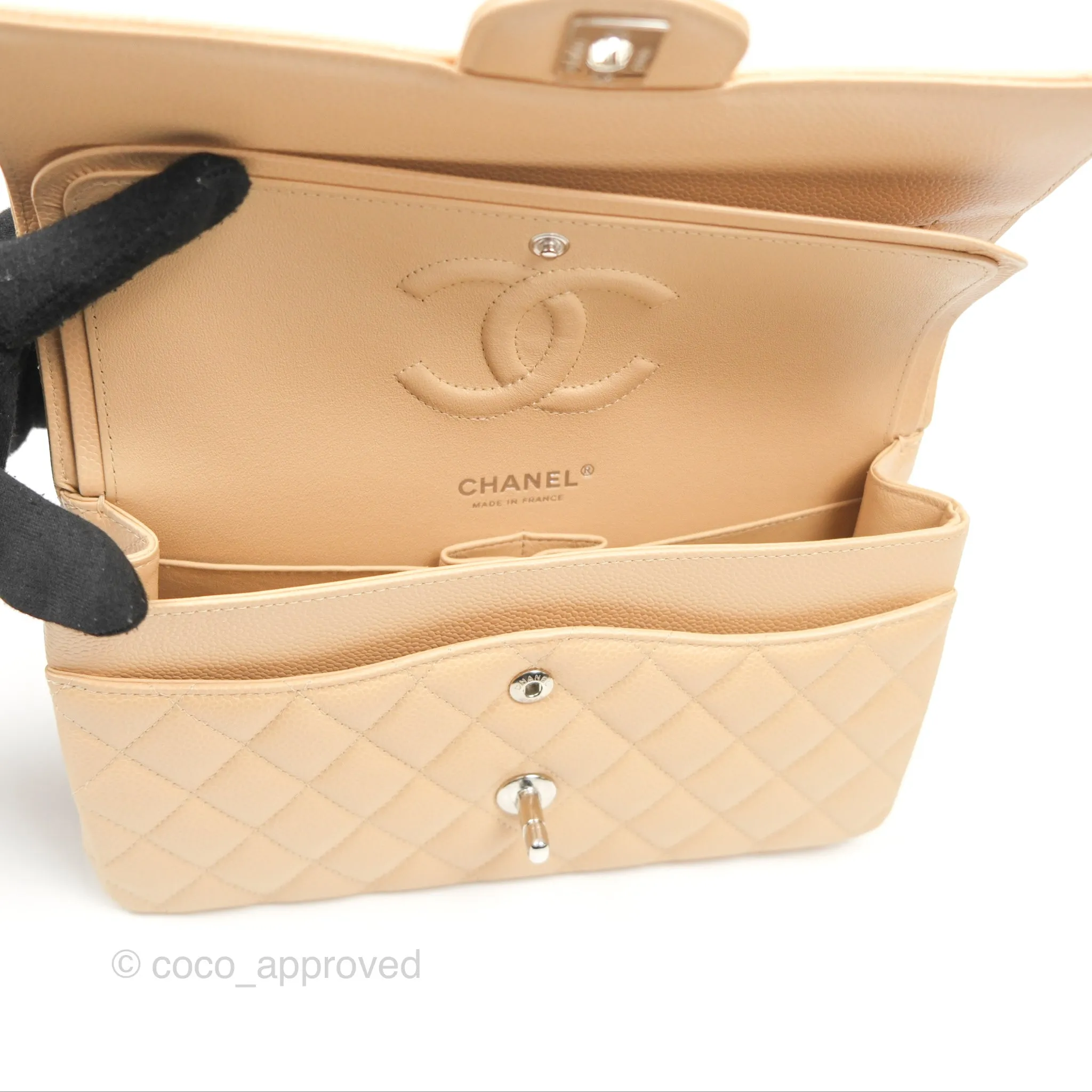 Chanel Classic M/L Medium Flap Quilted Beige Caviar Silver Hardware