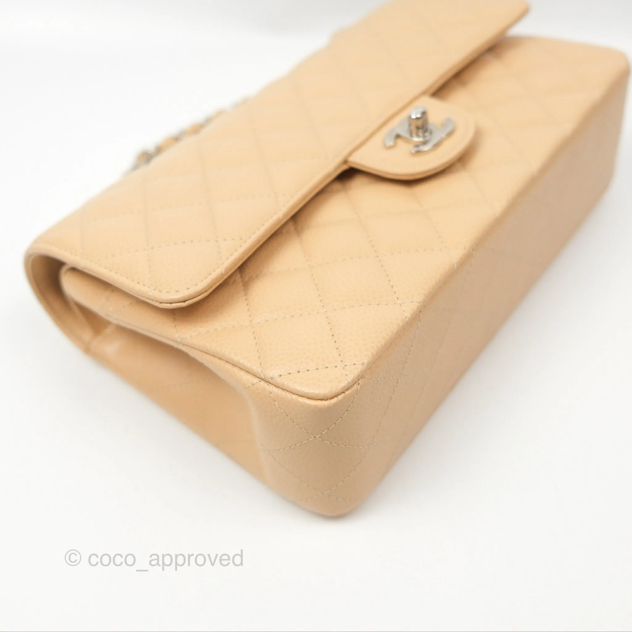 Chanel Classic M/L Medium Flap Quilted Beige Caviar Silver Hardware