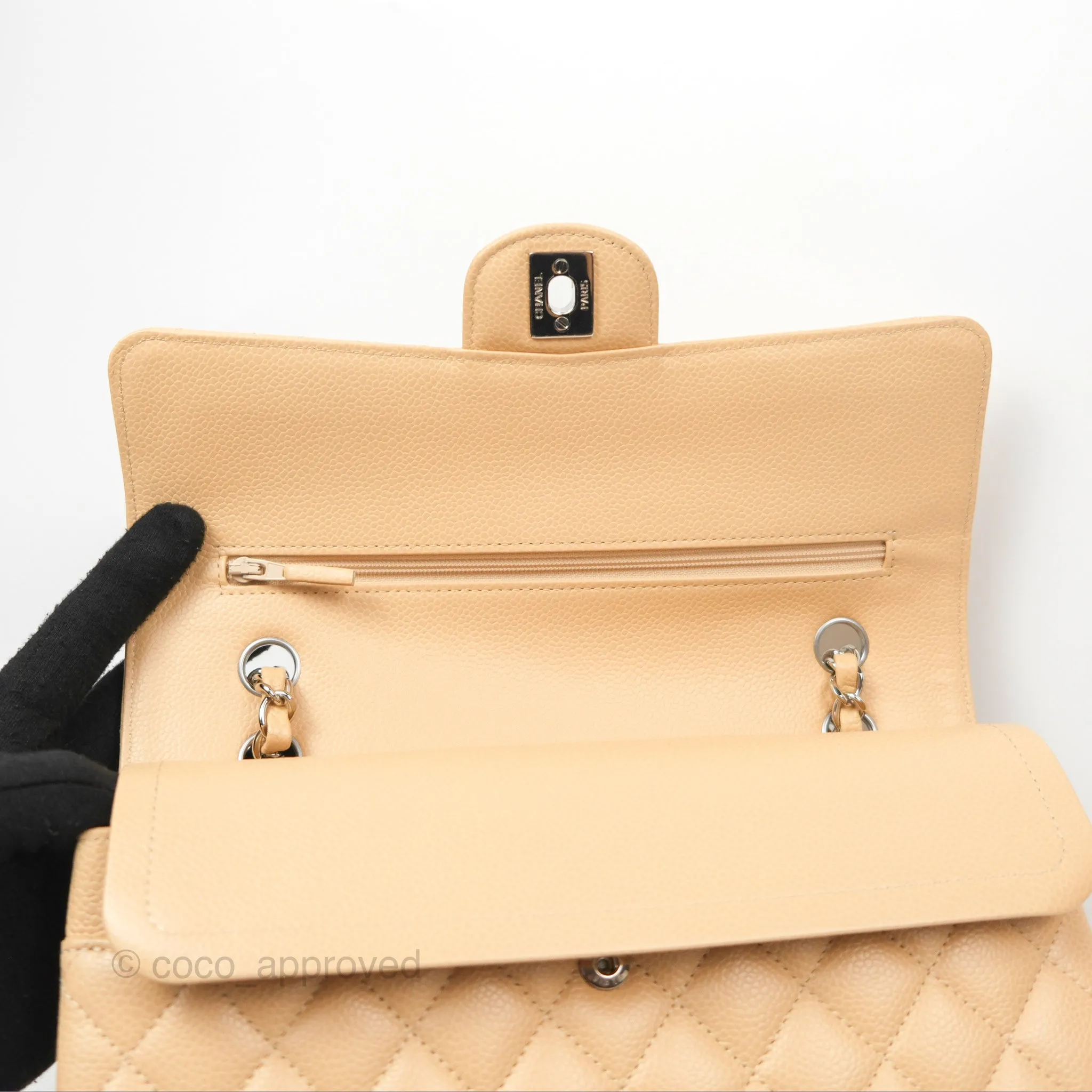 Chanel Classic M/L Medium Flap Quilted Beige Caviar Silver Hardware