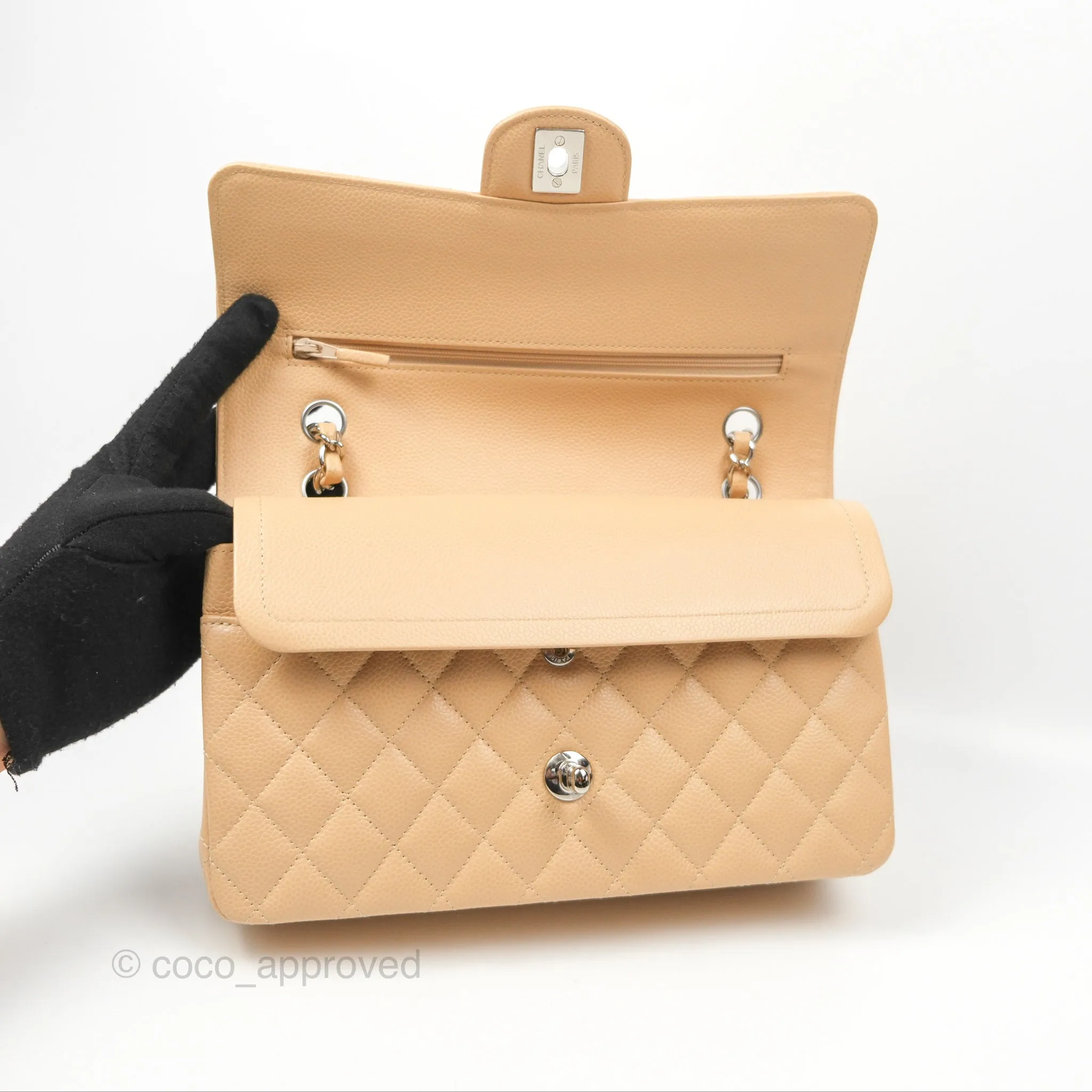 Chanel Classic M/L Medium Flap Quilted Beige Caviar Silver Hardware
