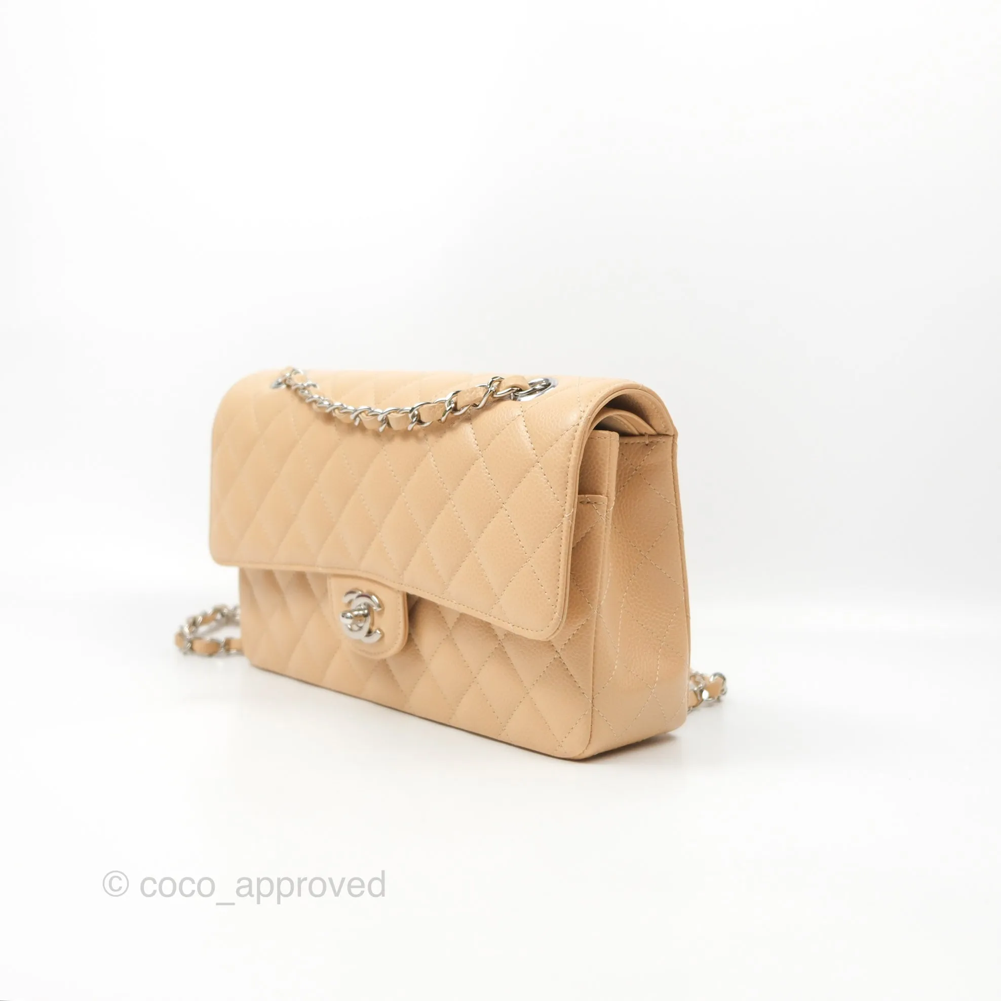 Chanel Classic M/L Medium Flap Quilted Beige Caviar Silver Hardware