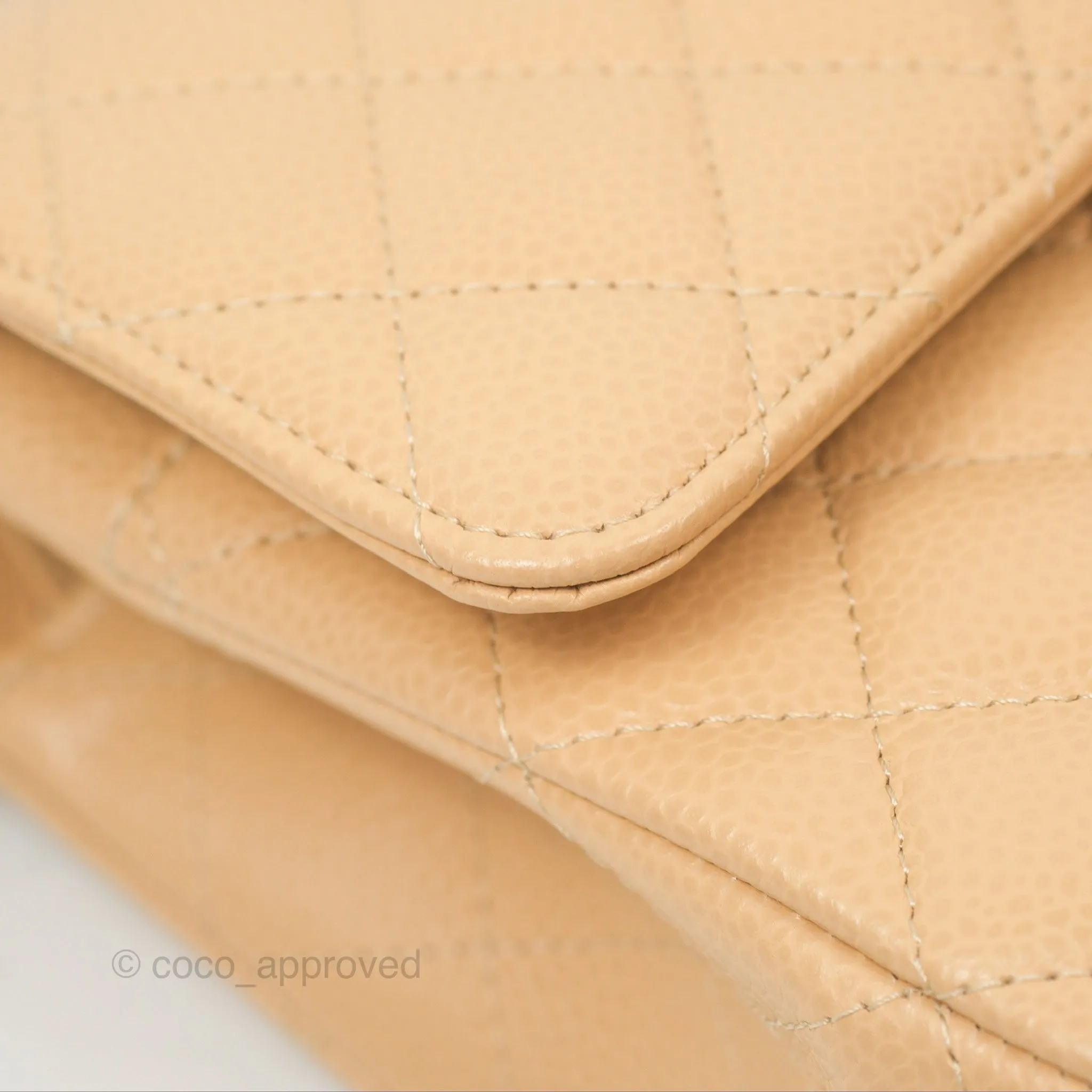 Chanel Classic M/L Medium Flap Quilted Beige Caviar Silver Hardware