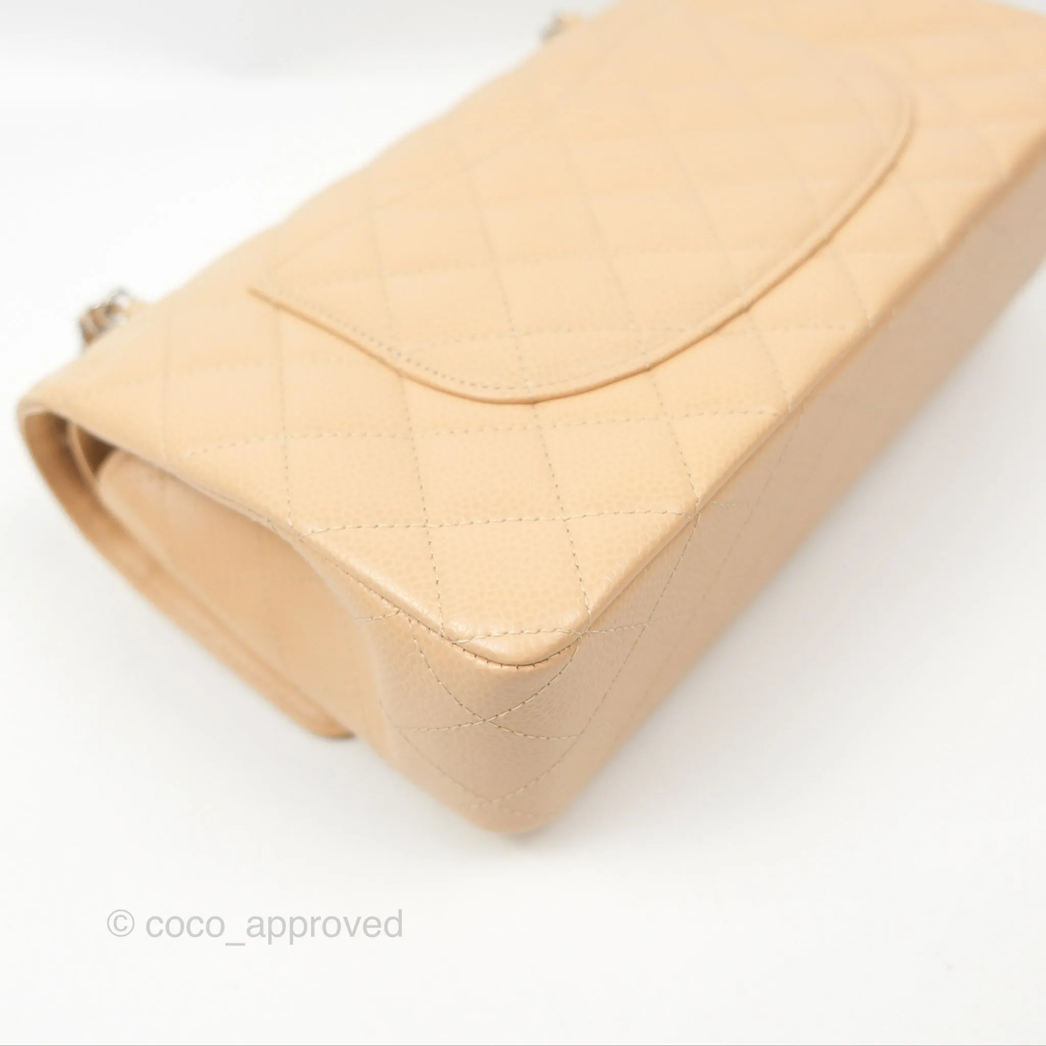 Chanel Classic M/L Medium Flap Quilted Beige Caviar Silver Hardware