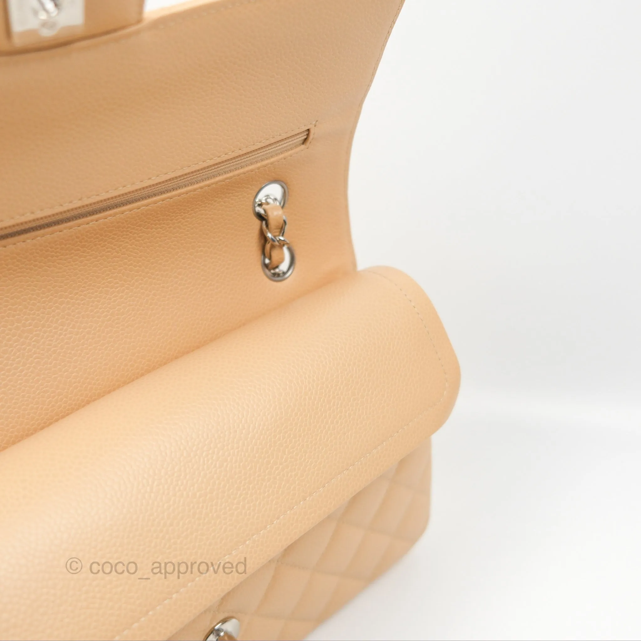 Chanel Classic M/L Medium Flap Quilted Beige Caviar Silver Hardware