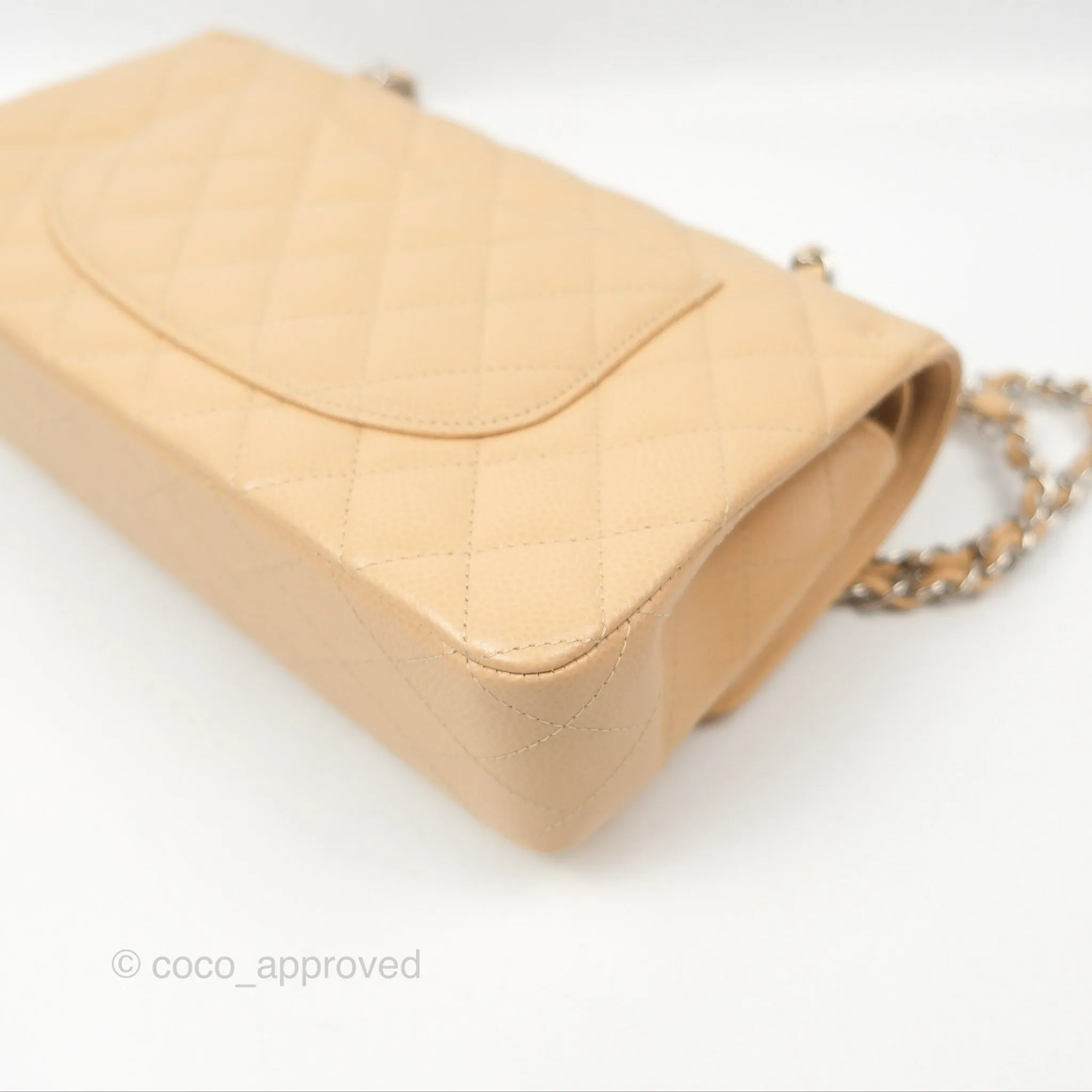 Chanel Classic M/L Medium Flap Quilted Beige Caviar Silver Hardware