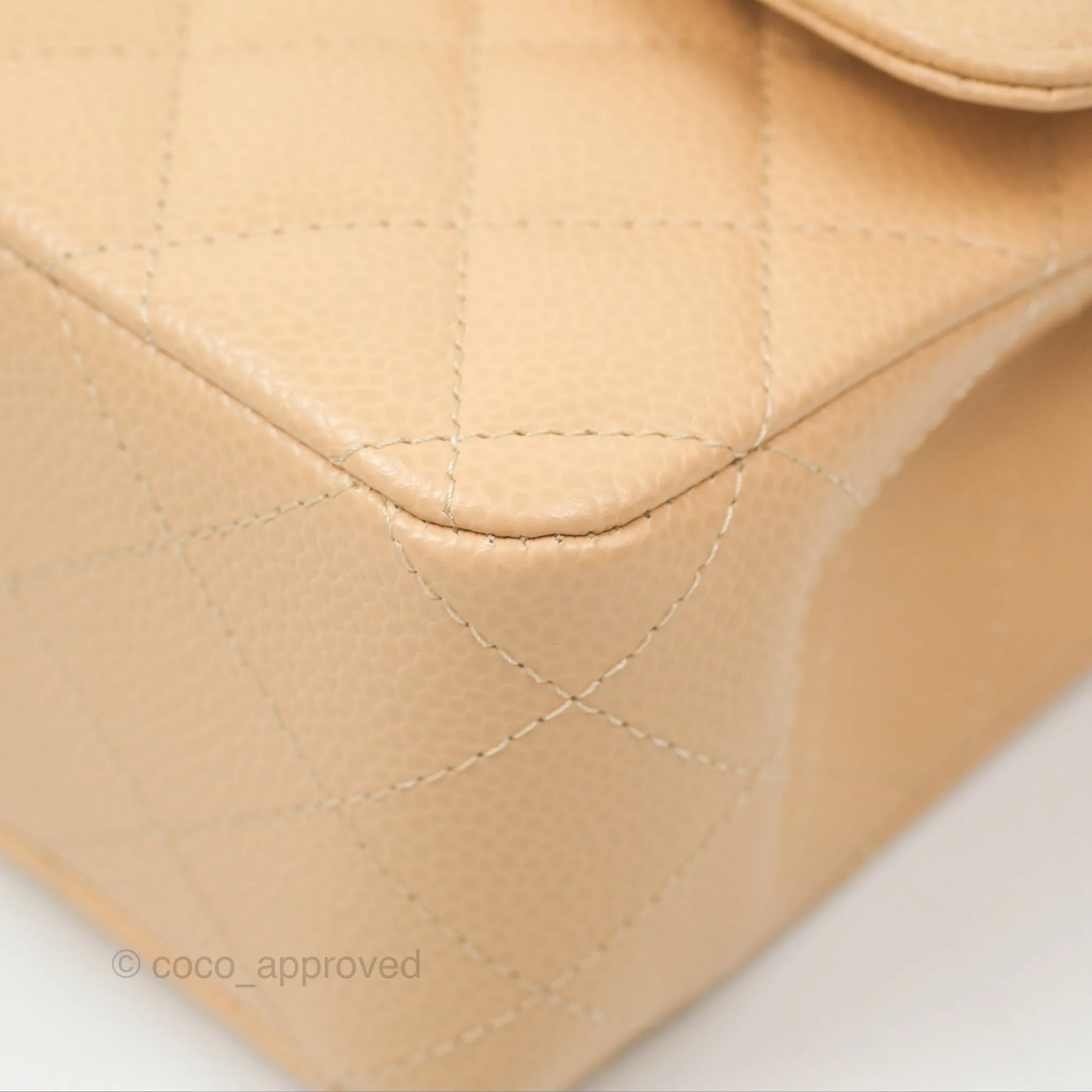 Chanel Classic M/L Medium Flap Quilted Beige Caviar Silver Hardware