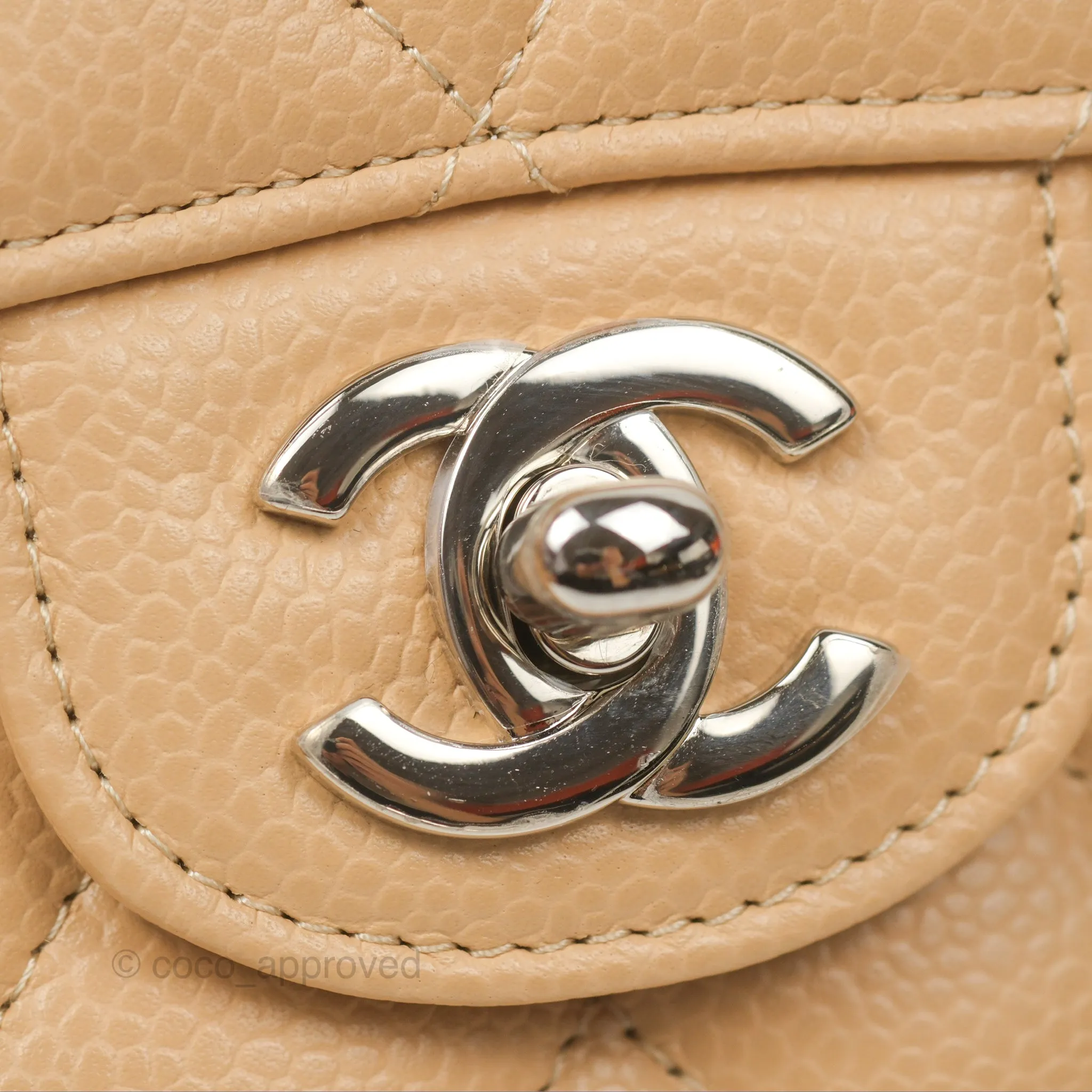 Chanel Classic M/L Medium Flap Quilted Beige Caviar Silver Hardware