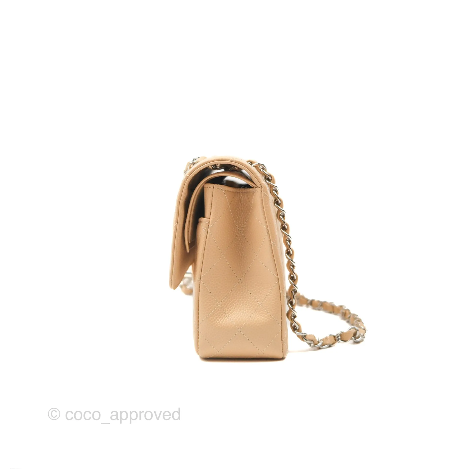 Chanel Classic M/L Medium Flap Quilted Beige Caviar Silver Hardware
