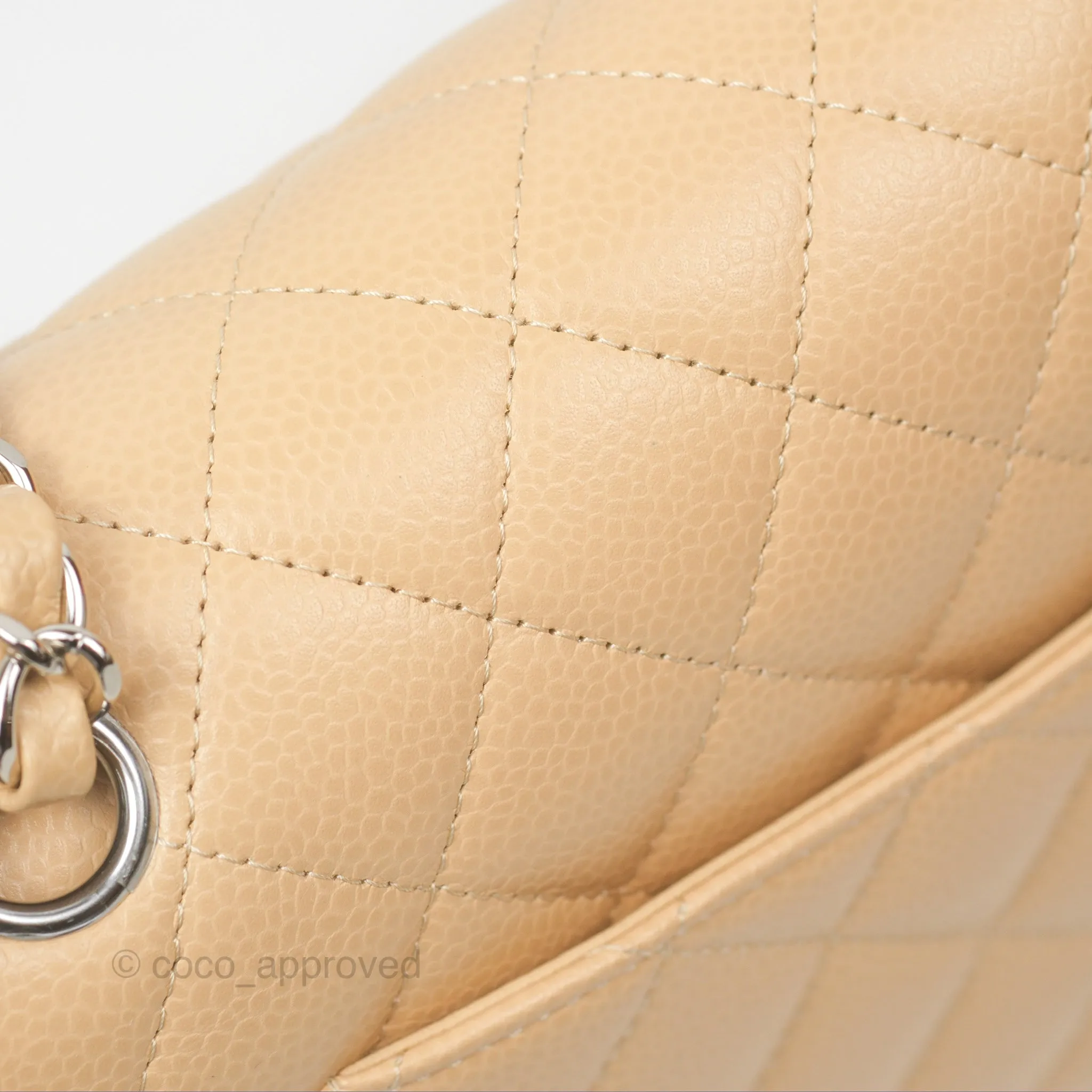 Chanel Classic M/L Medium Flap Quilted Beige Caviar Silver Hardware