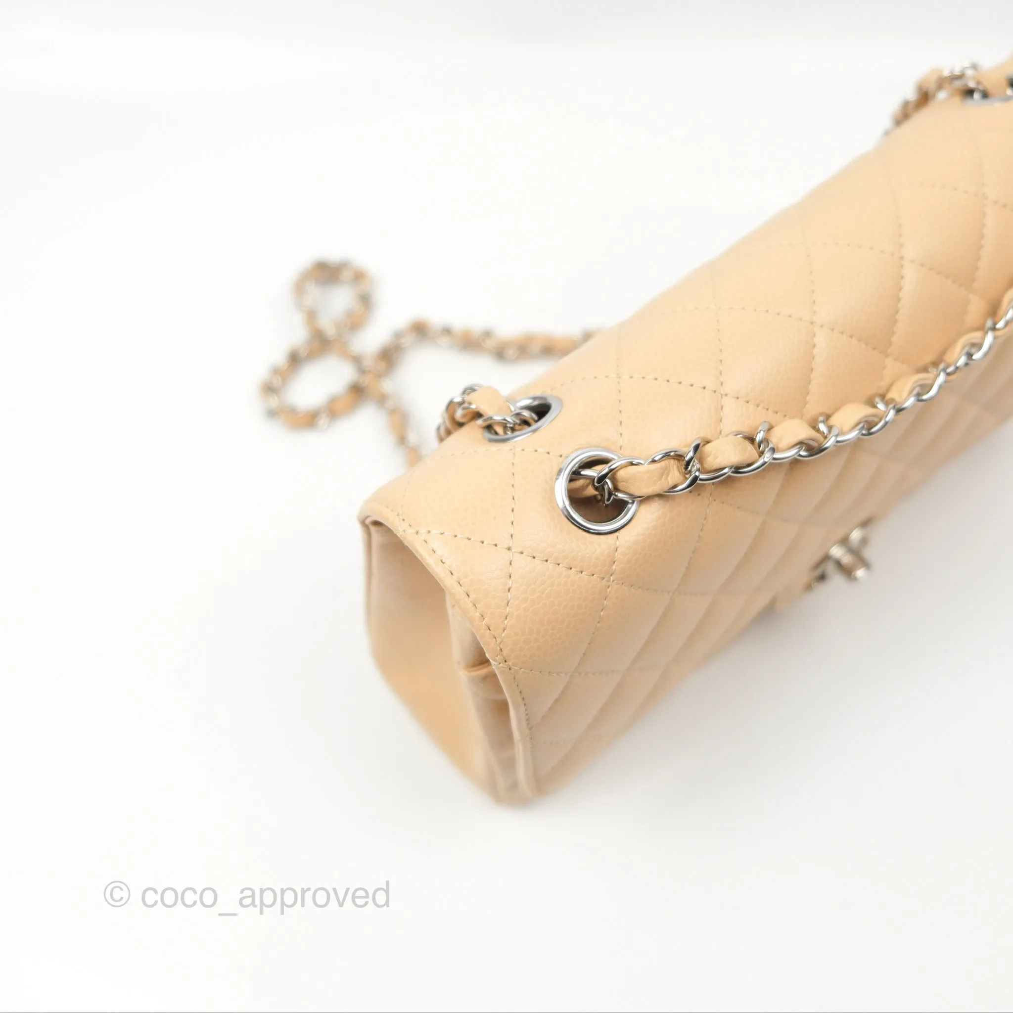 Chanel Classic M/L Medium Flap Quilted Beige Caviar Silver Hardware