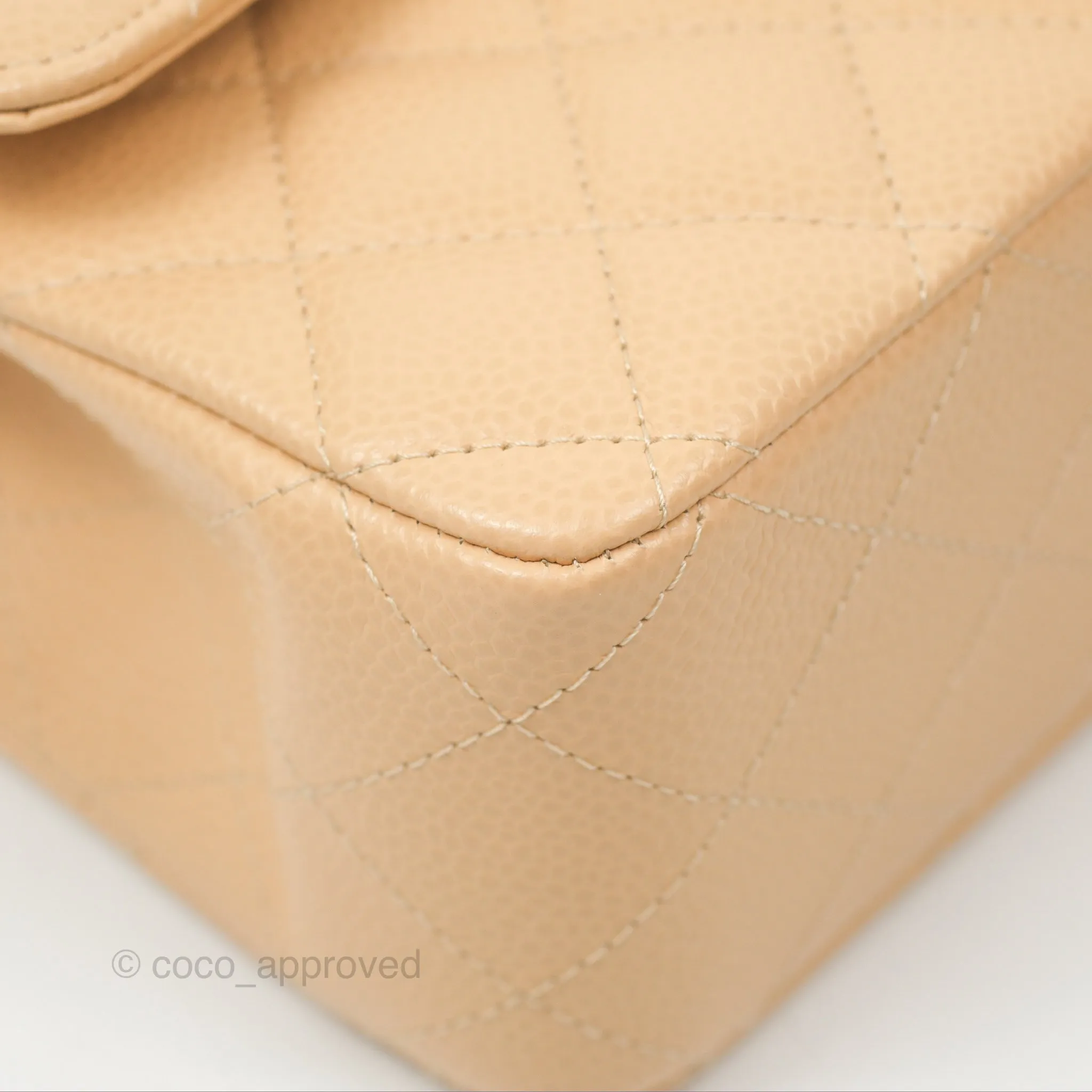 Chanel Classic M/L Medium Flap Quilted Beige Caviar Silver Hardware