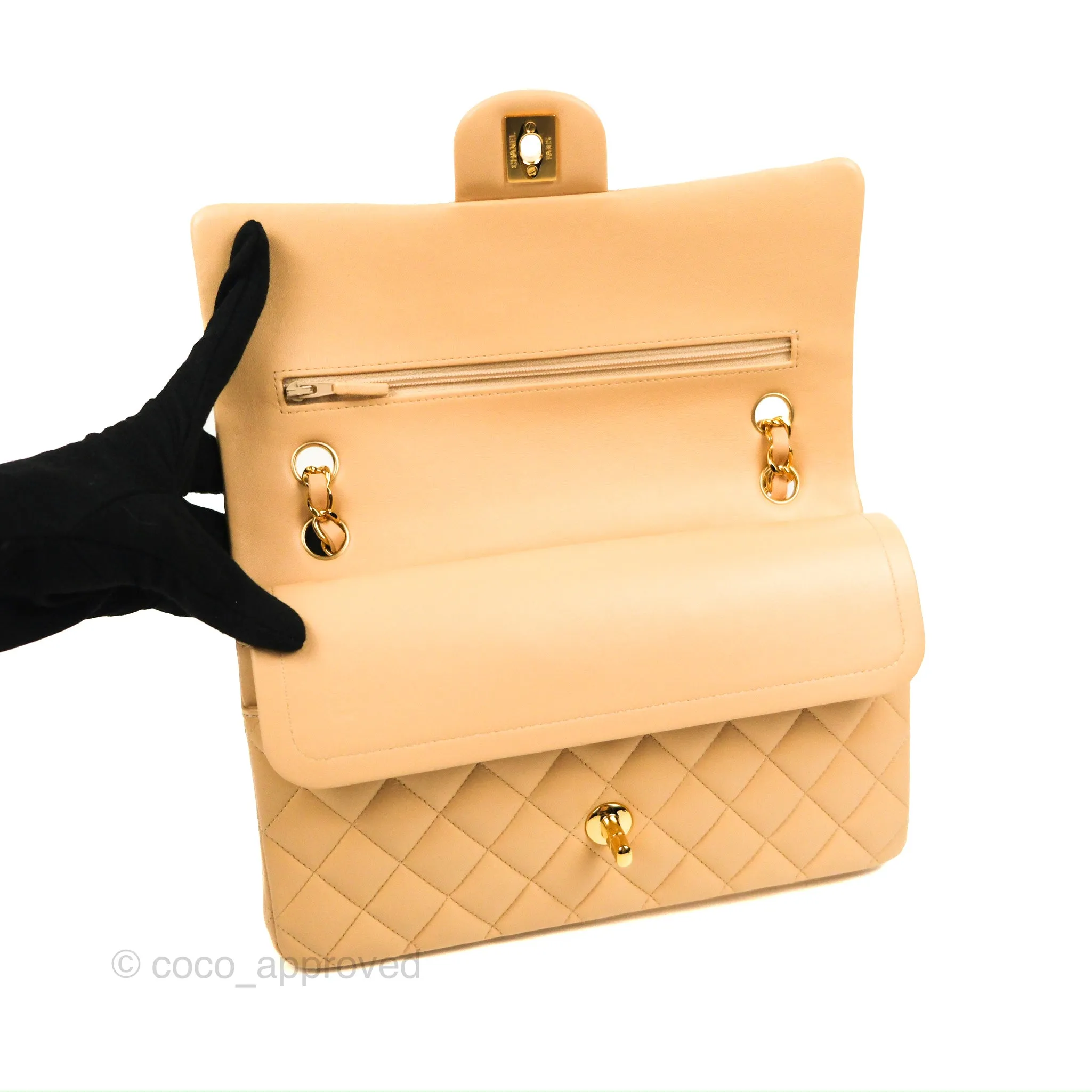 Chanel Classic M/L Medium Flap Quilted Beige Lambskin Gold Hardware