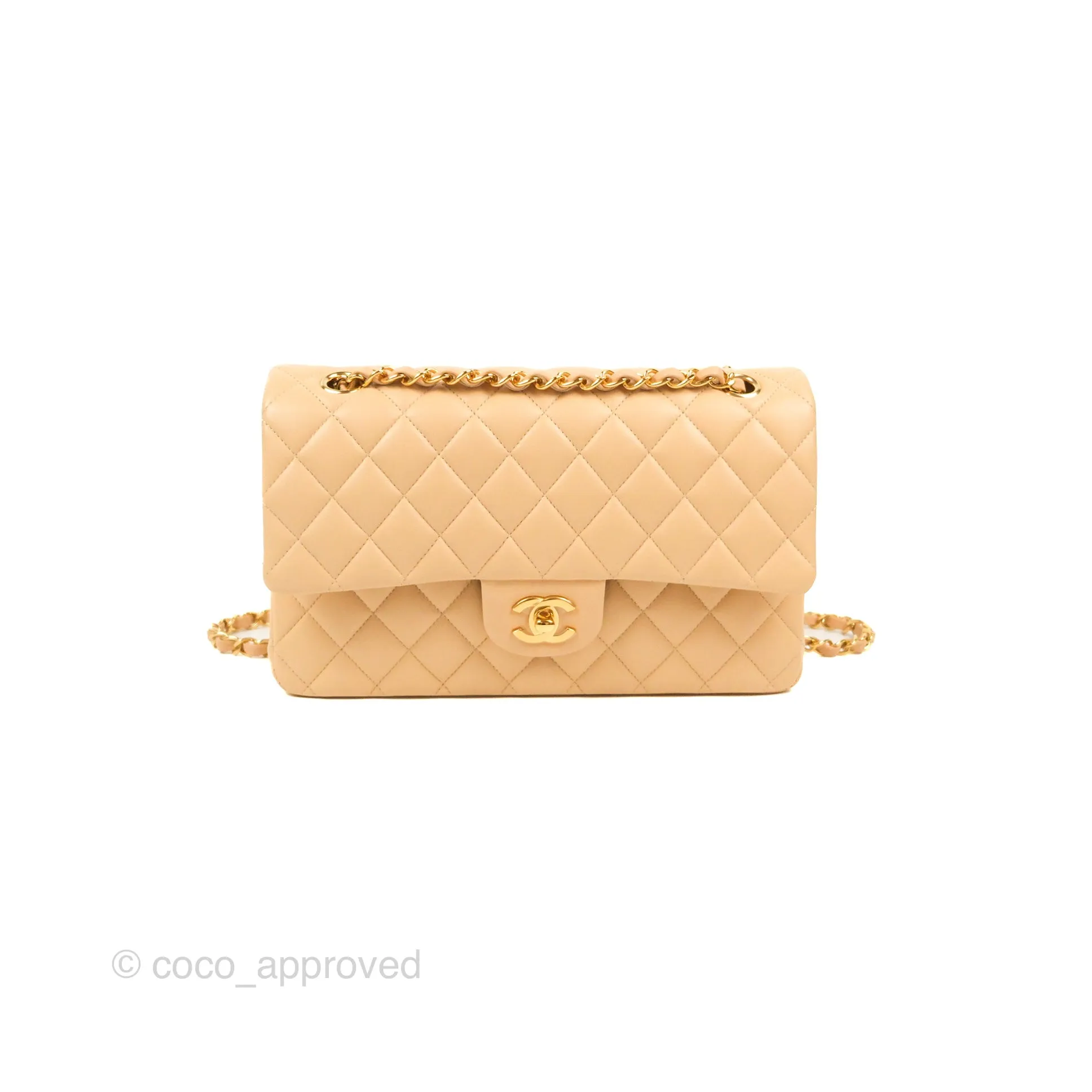 Chanel Classic M/L Medium Flap Quilted Beige Lambskin Gold Hardware