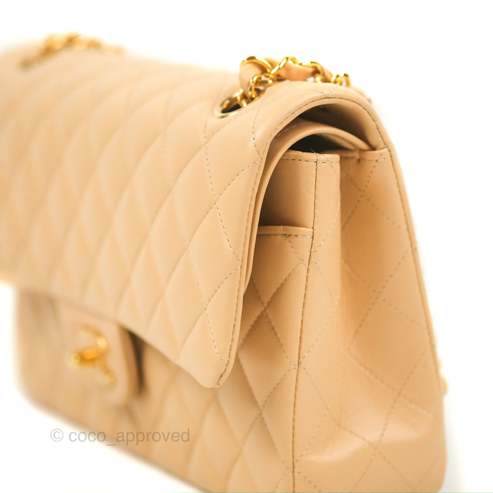 Chanel Classic M/L Medium Flap Quilted Beige Lambskin Gold Hardware