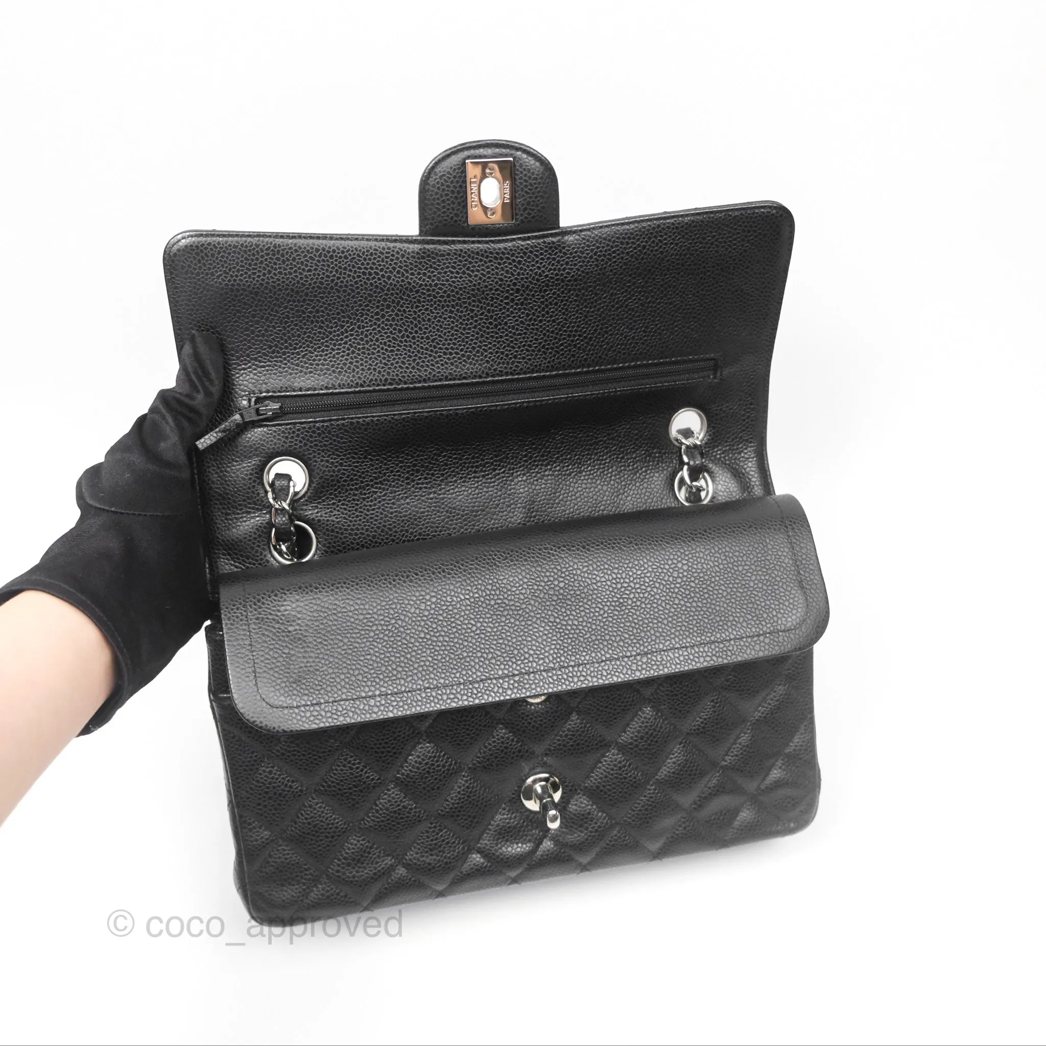 Chanel Classic M/L Medium Flap Quilted Black Caviar Silver Hardware