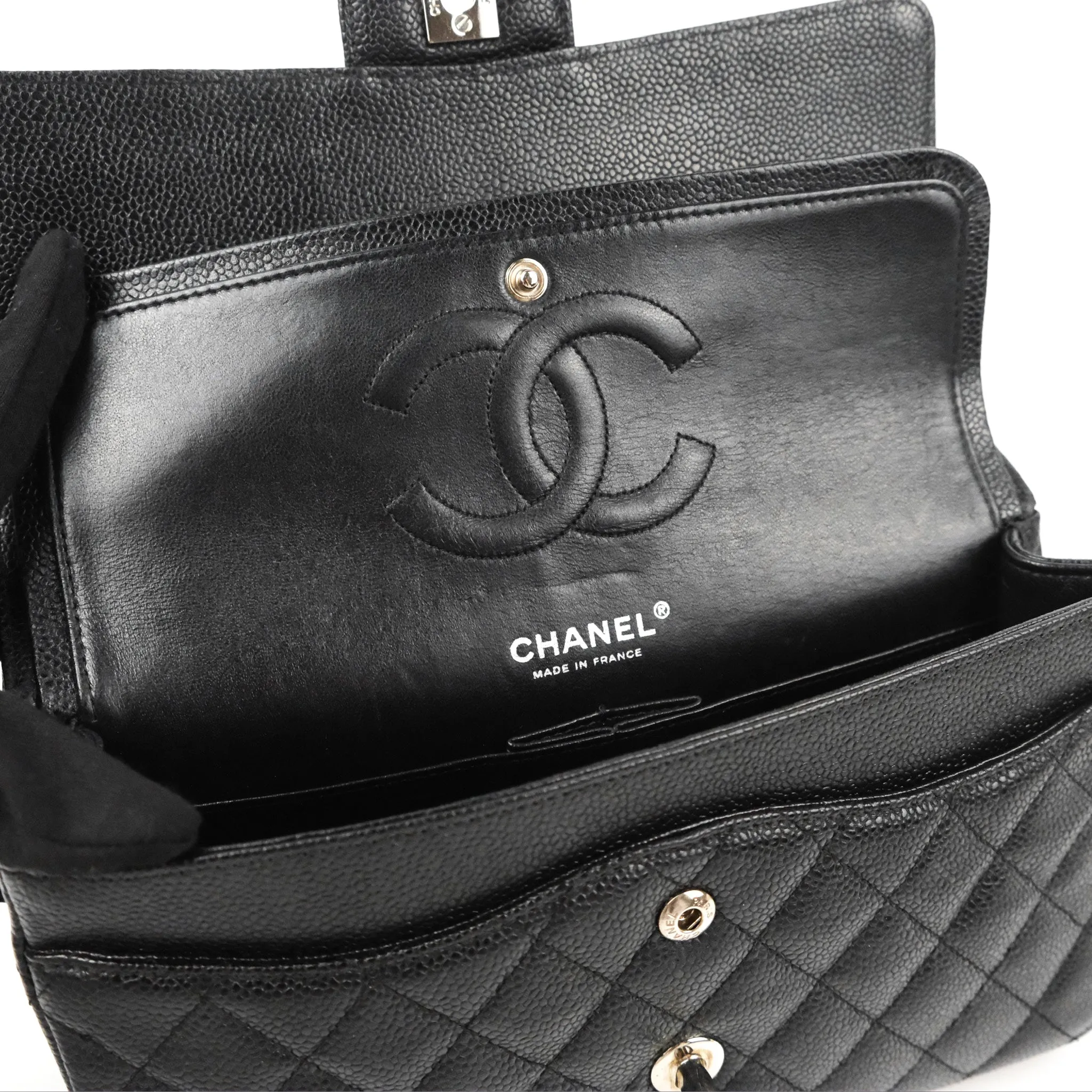 Chanel Classic M/L Medium Flap Quilted Black Caviar Silver Hardware