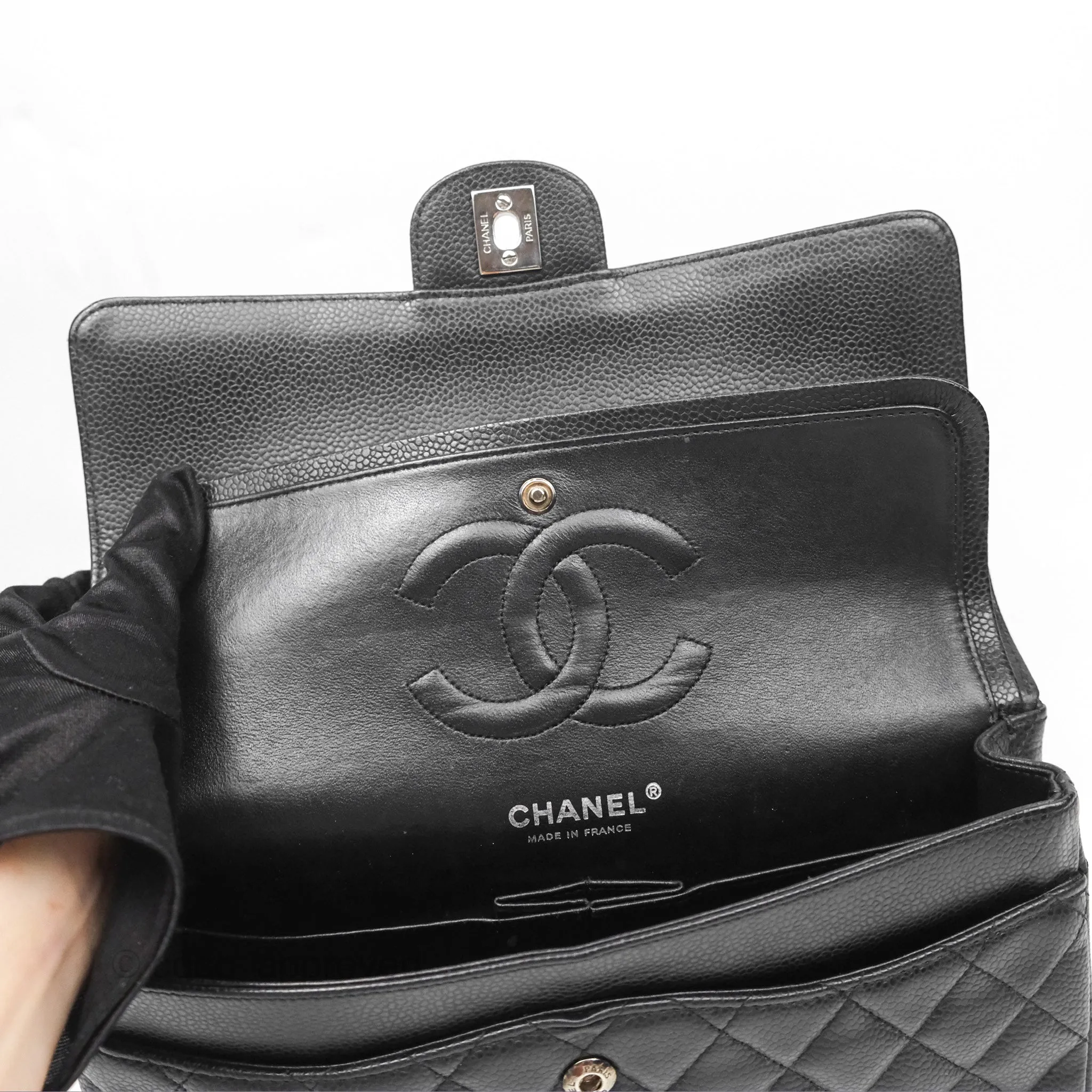 Chanel Classic M/L Medium Flap Quilted Black Caviar Silver Hardware