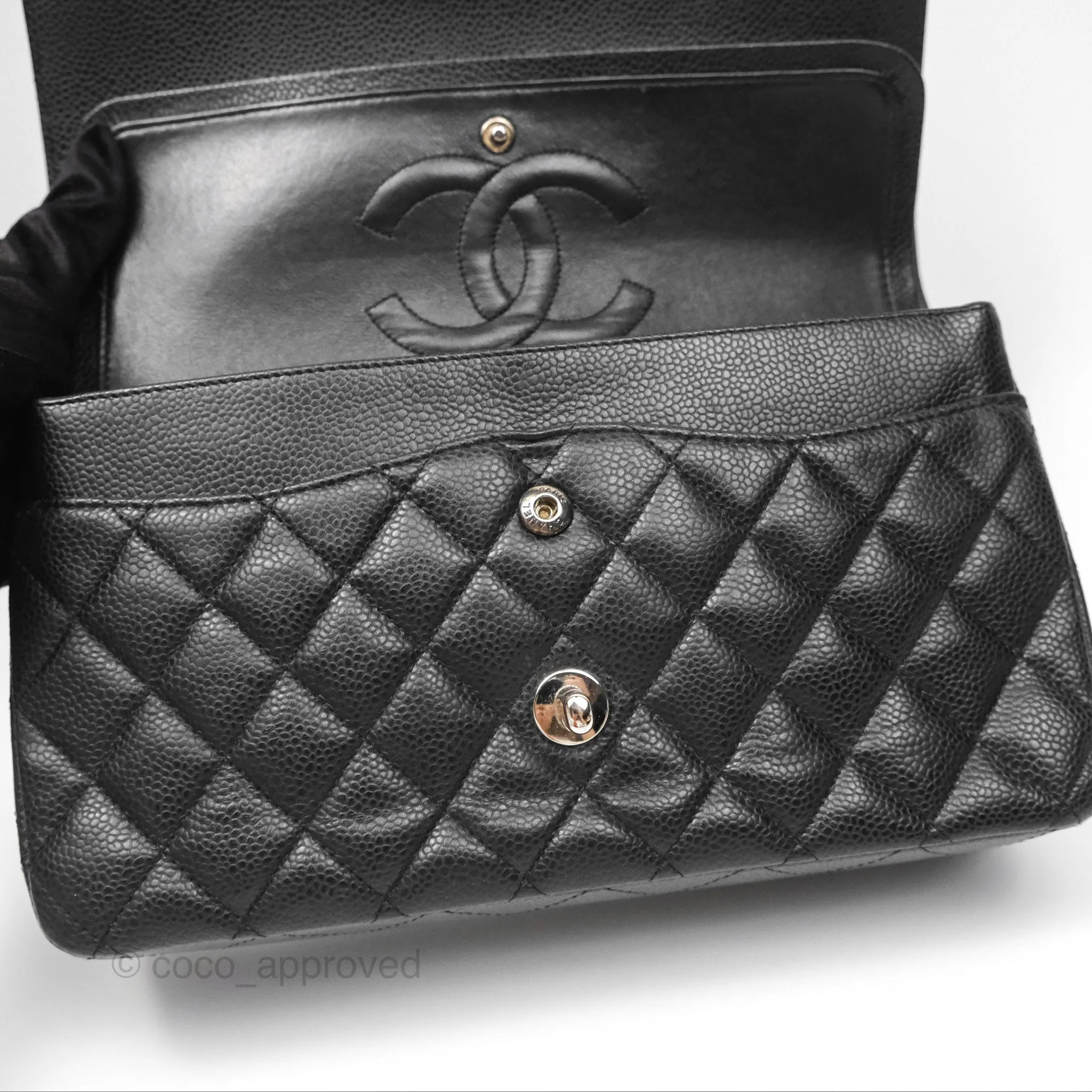 Chanel Classic M/L Medium Flap Quilted Black Caviar Silver Hardware