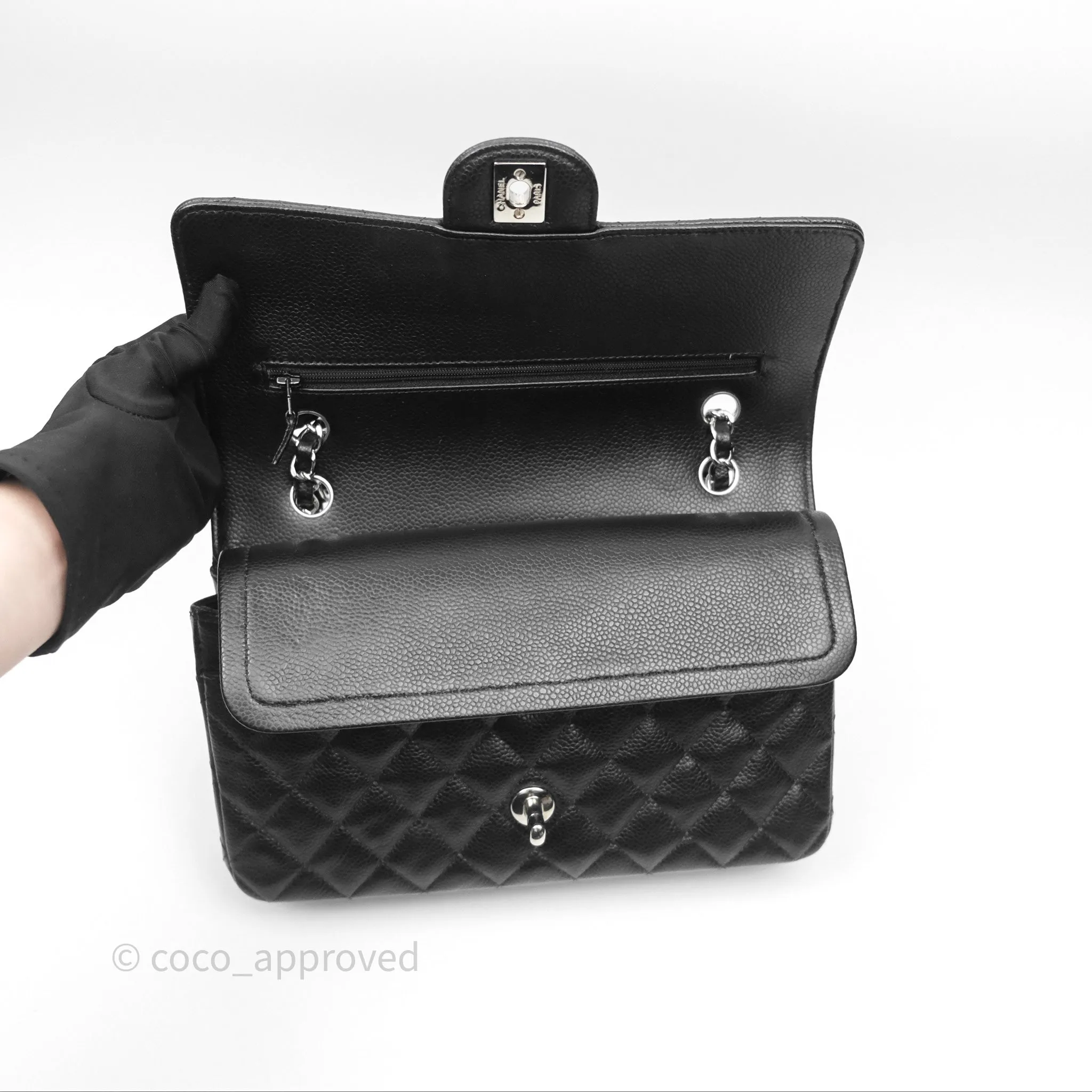 Chanel Classic M/L Medium Flap Quilted Black Caviar Silver Hardware