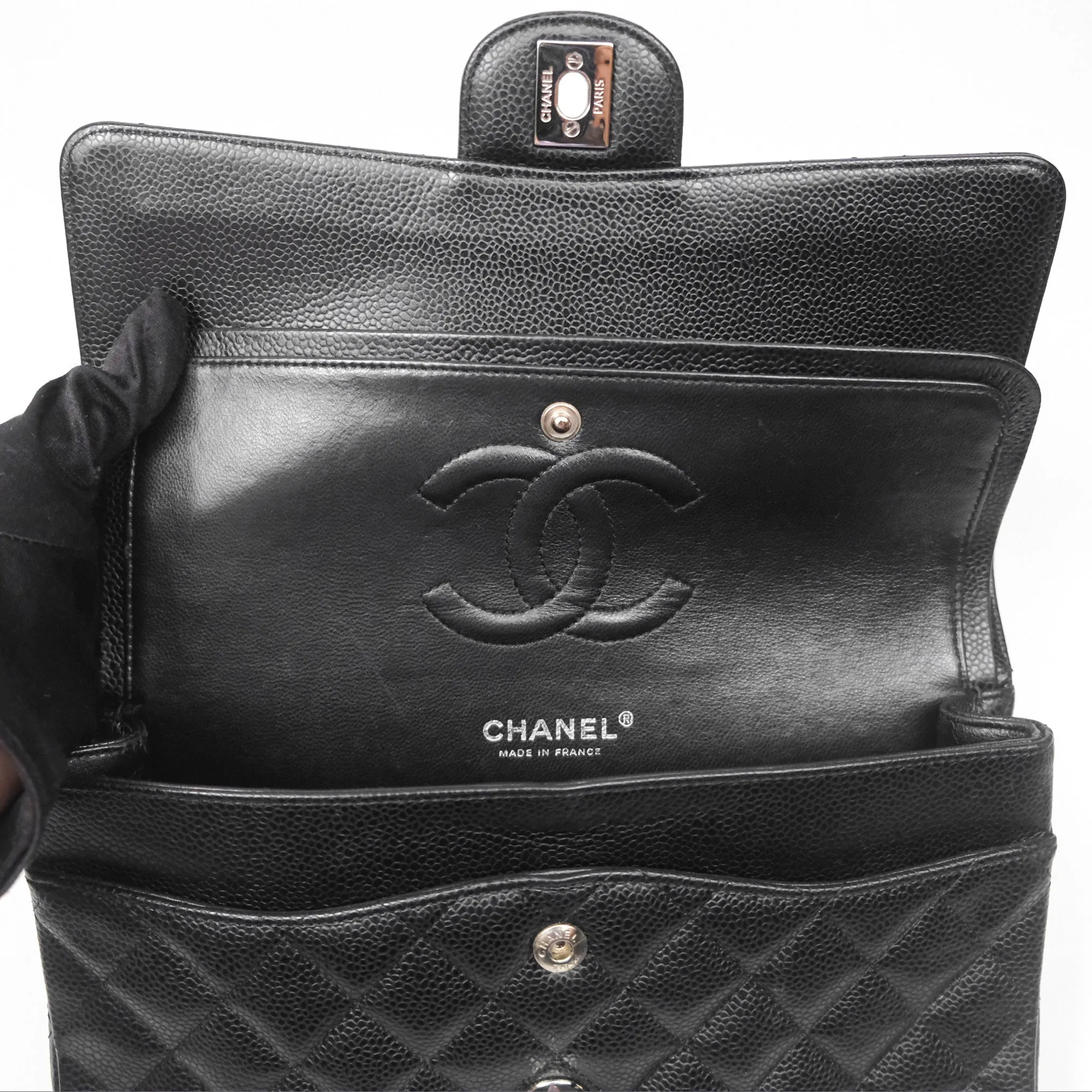 Chanel Classic M/L Medium Flap Quilted Black Caviar Silver Hardware