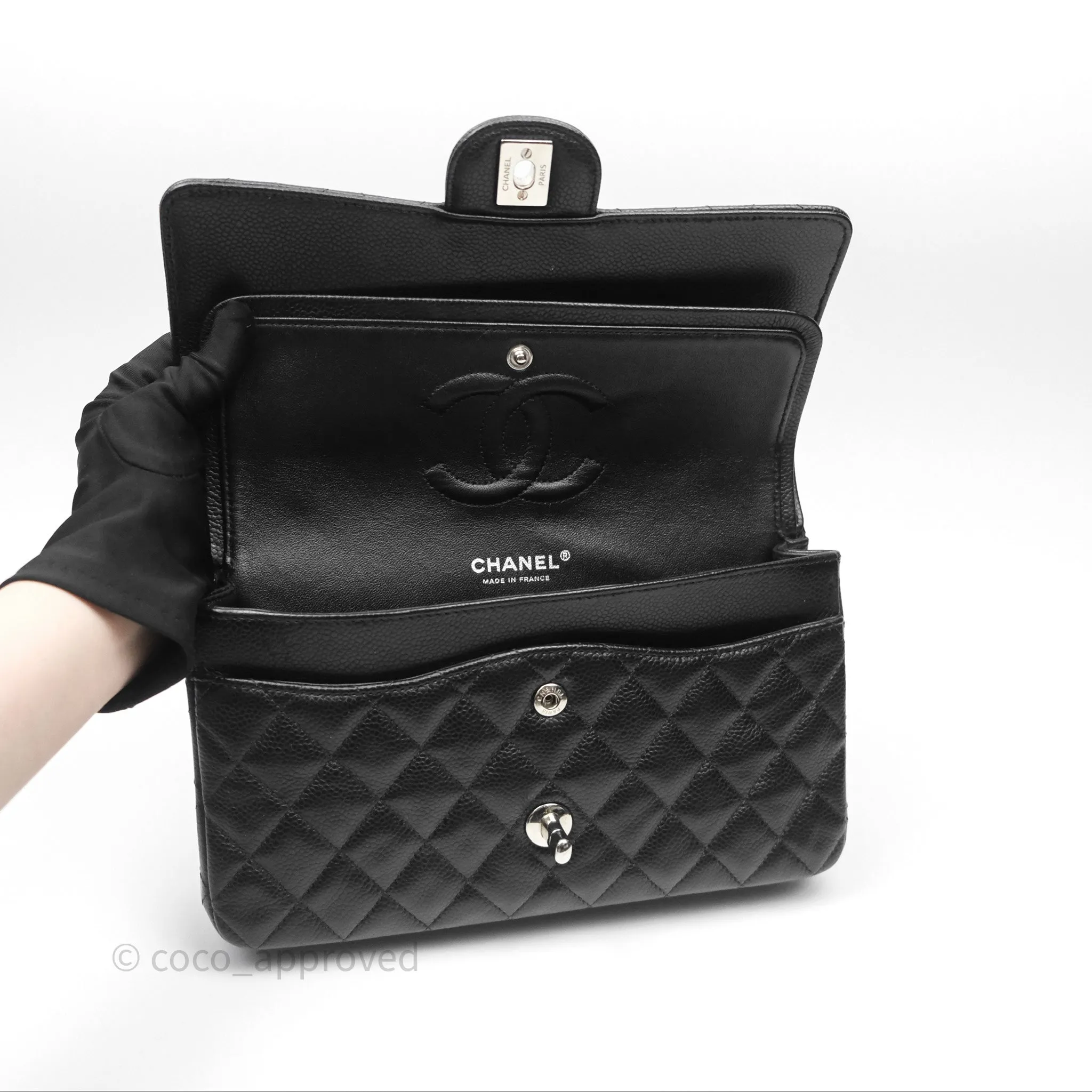 Chanel Classic M/L Medium Flap Quilted Black Caviar Silver Hardware