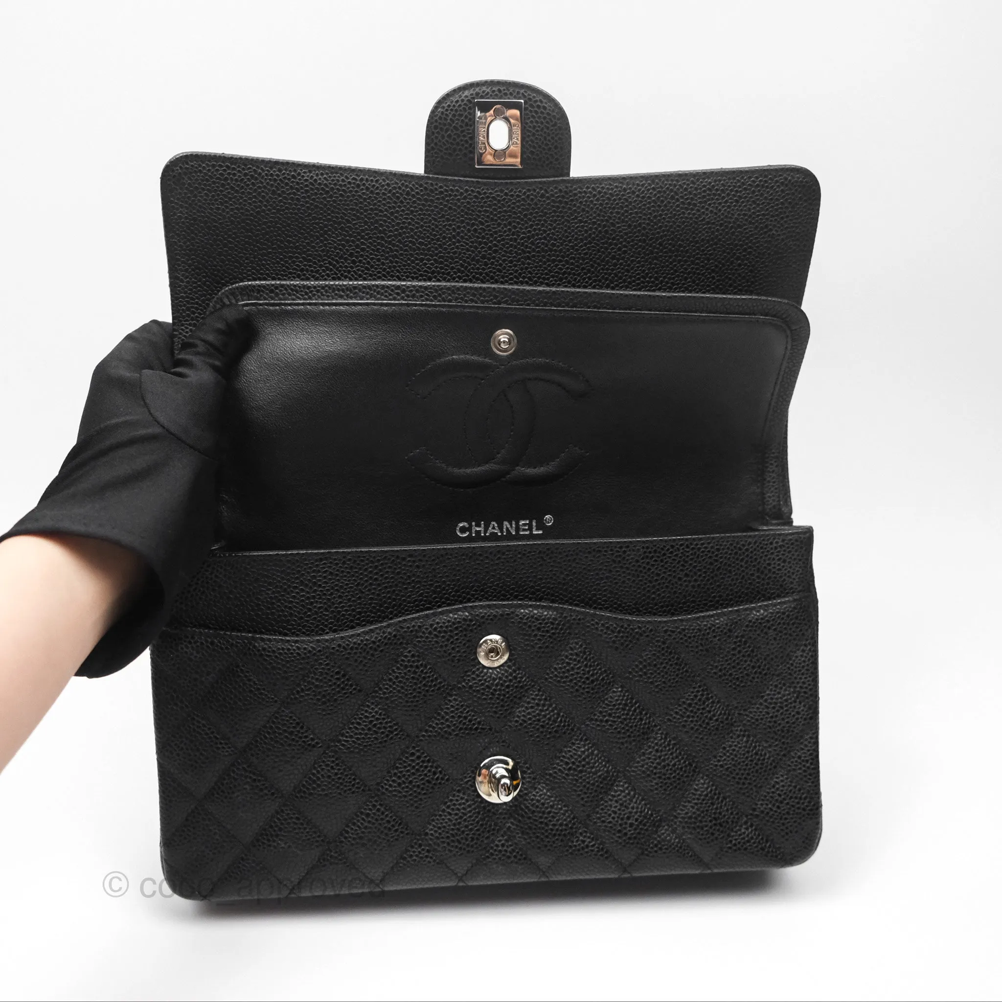 Chanel Classic M/L Medium Flap Quilted Black Caviar Silver Hardware