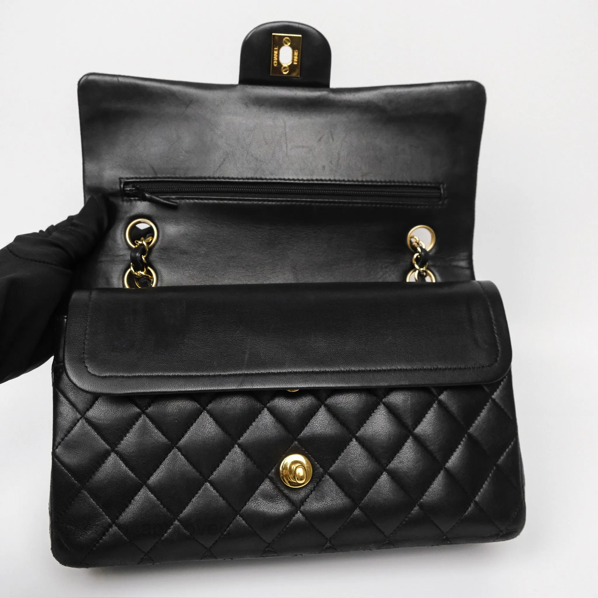 Chanel Classic M/L Medium Flap Quilted Black Lambskin Gold Hardware