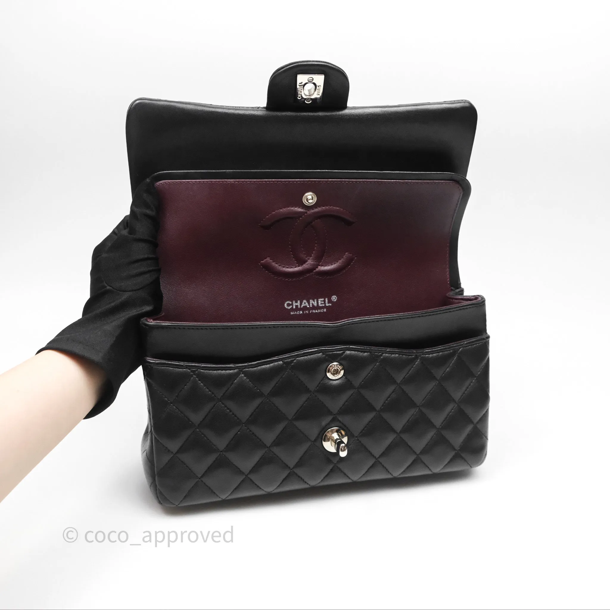 Chanel Classic M/L Medium Flap Quilted Black Lambskin Silver Hardware