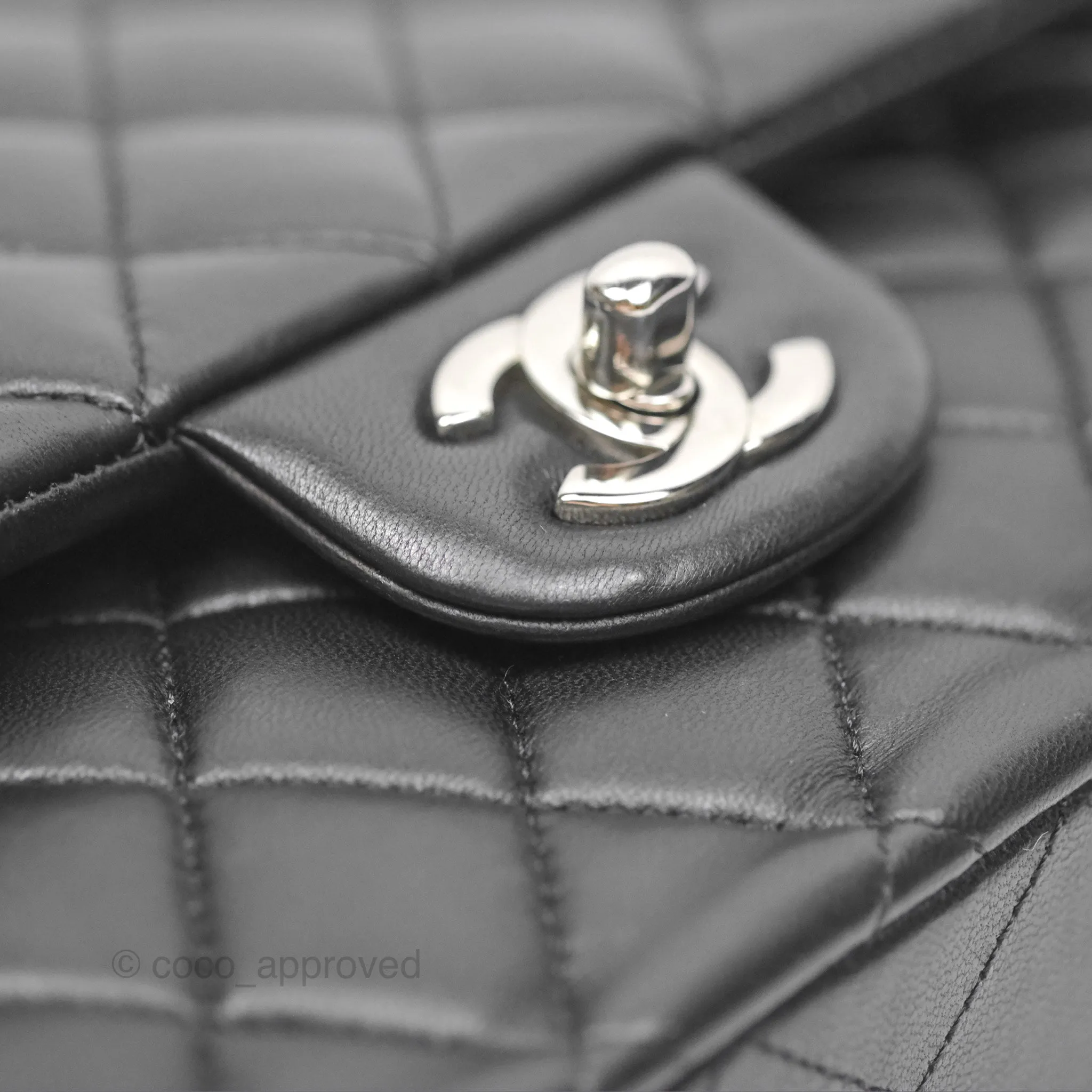 Chanel Classic M/L Medium Flap Quilted Black Lambskin Silver Hardware