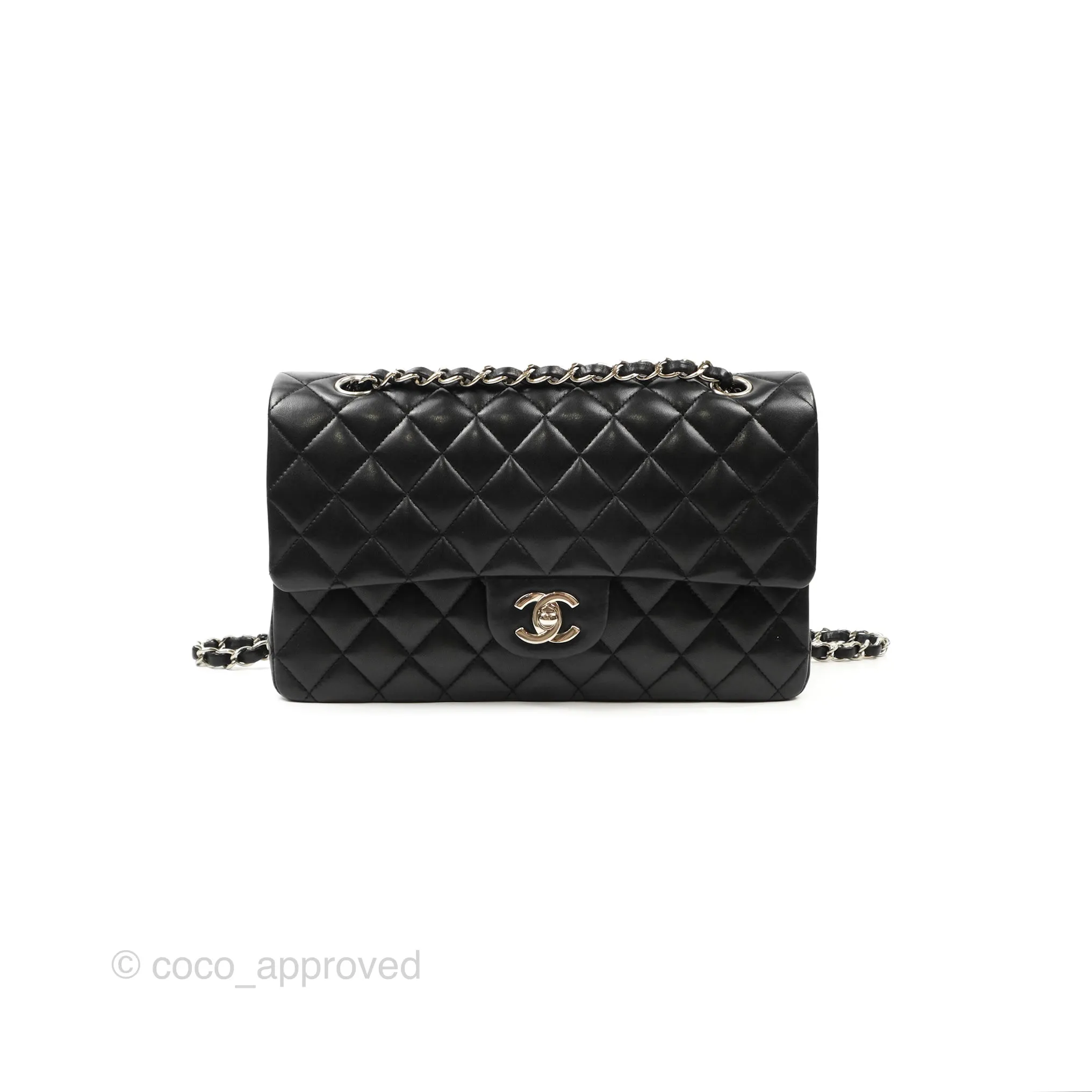 Chanel Classic M/L Medium Flap Quilted Black Lambskin Silver Hardware