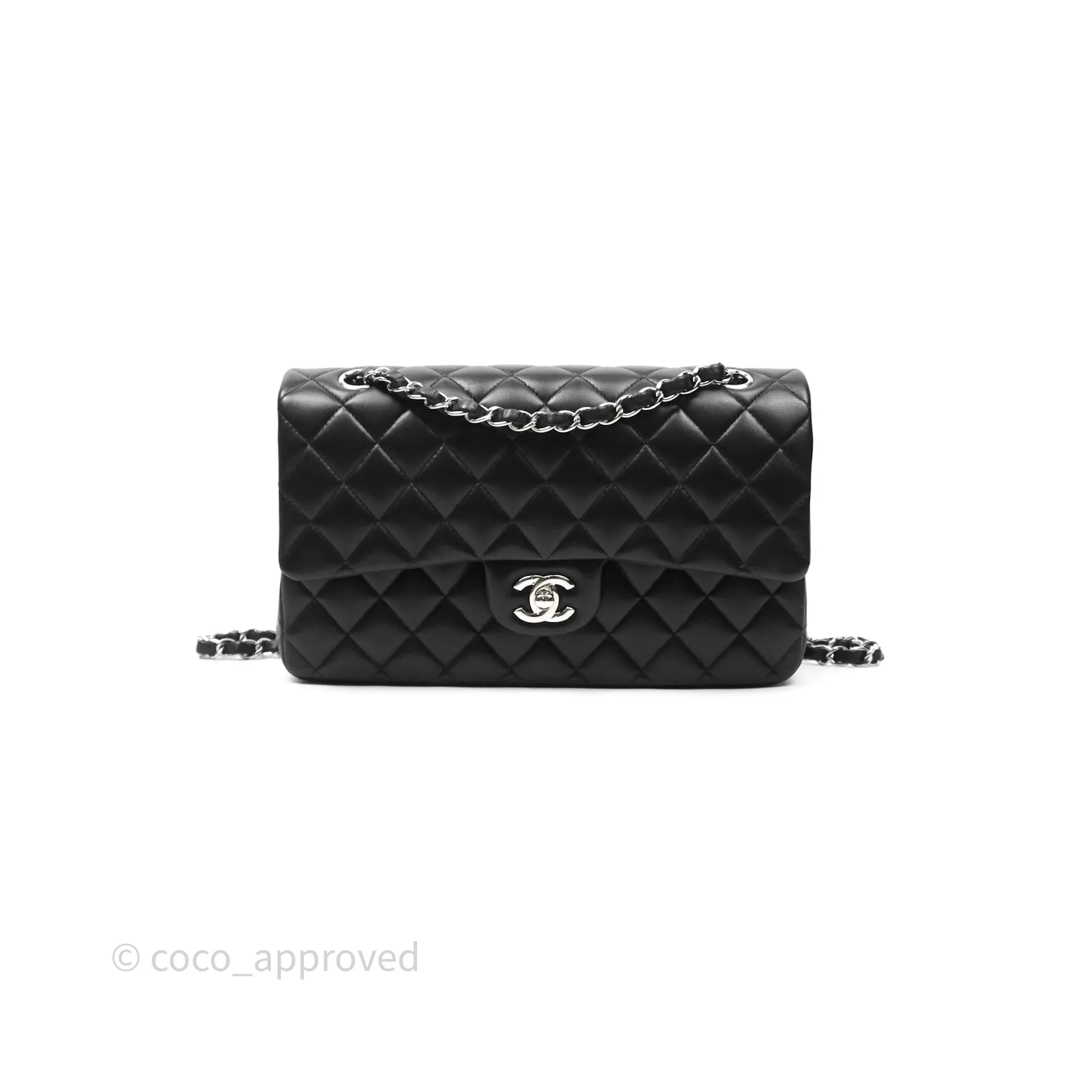 Chanel Classic M/L Medium Flap Quilted Black Lambskin Silver Hardware