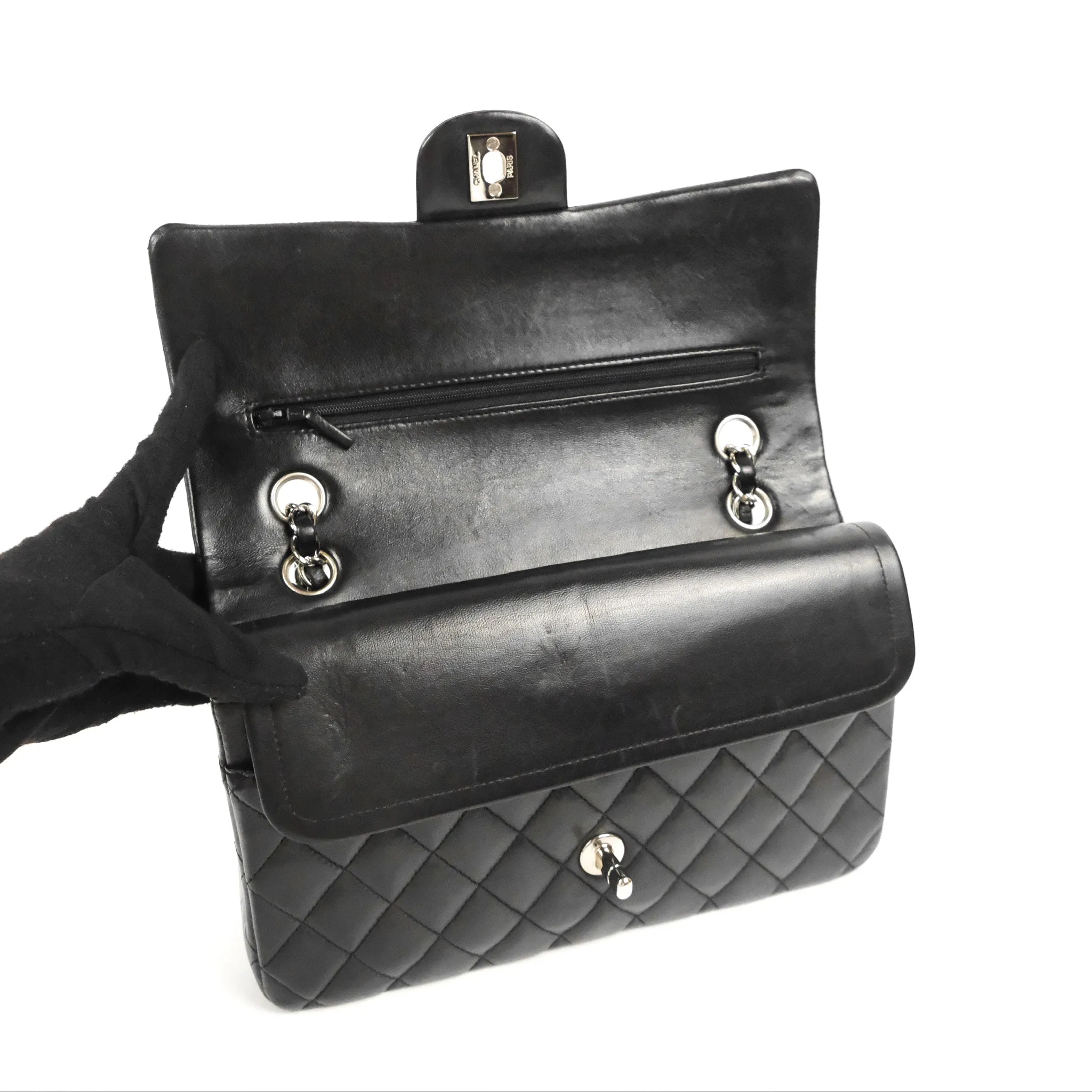 Chanel Classic M/L Medium Flap Quilted Black Lambskin Silver Hardware