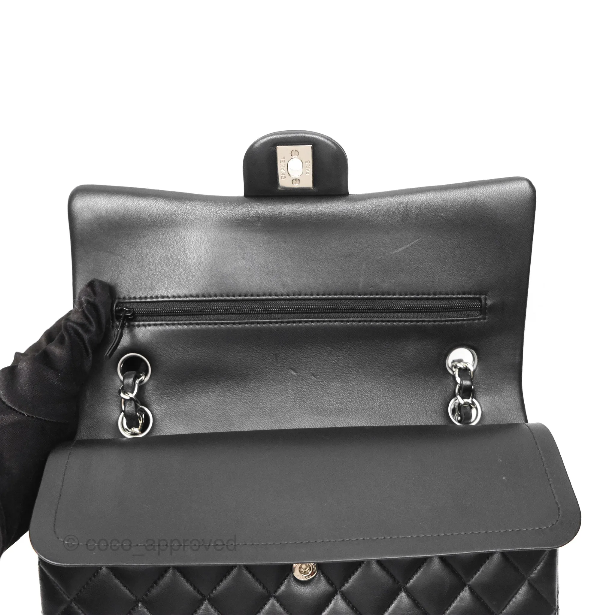 Chanel Classic M/L Medium Flap Quilted Black Lambskin Silver Hardware