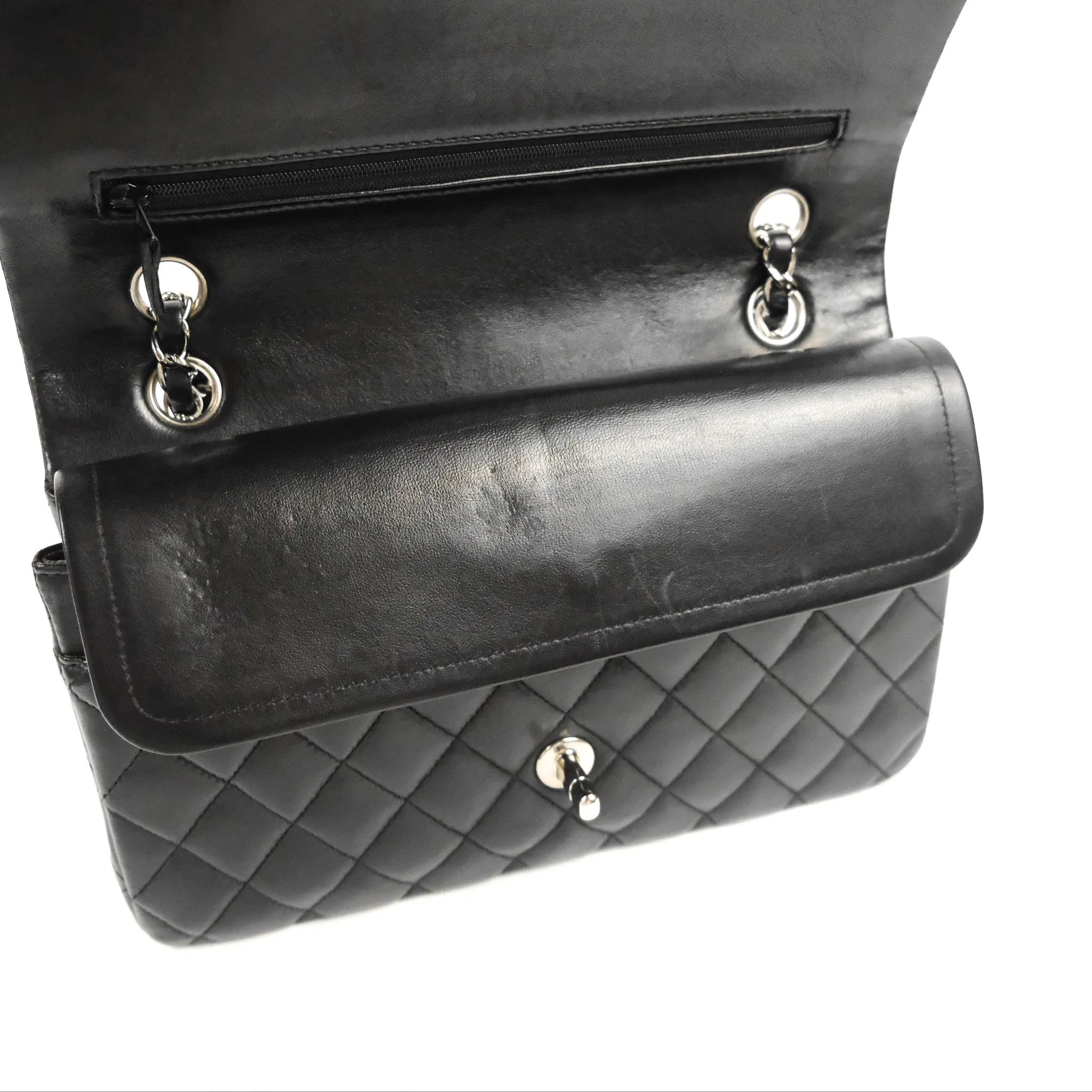 Chanel Classic M/L Medium Flap Quilted Black Lambskin Silver Hardware