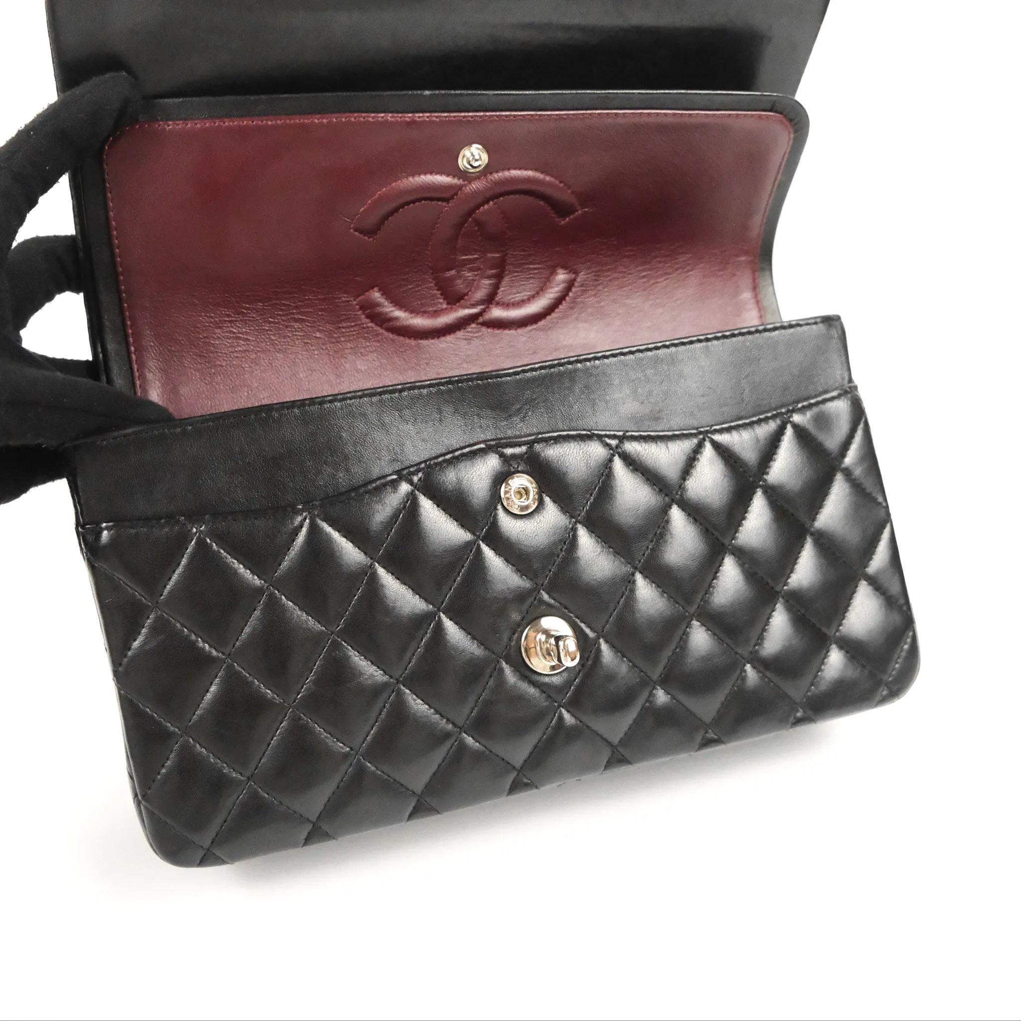 Chanel Classic M/L Medium Flap Quilted Black Lambskin Silver Hardware