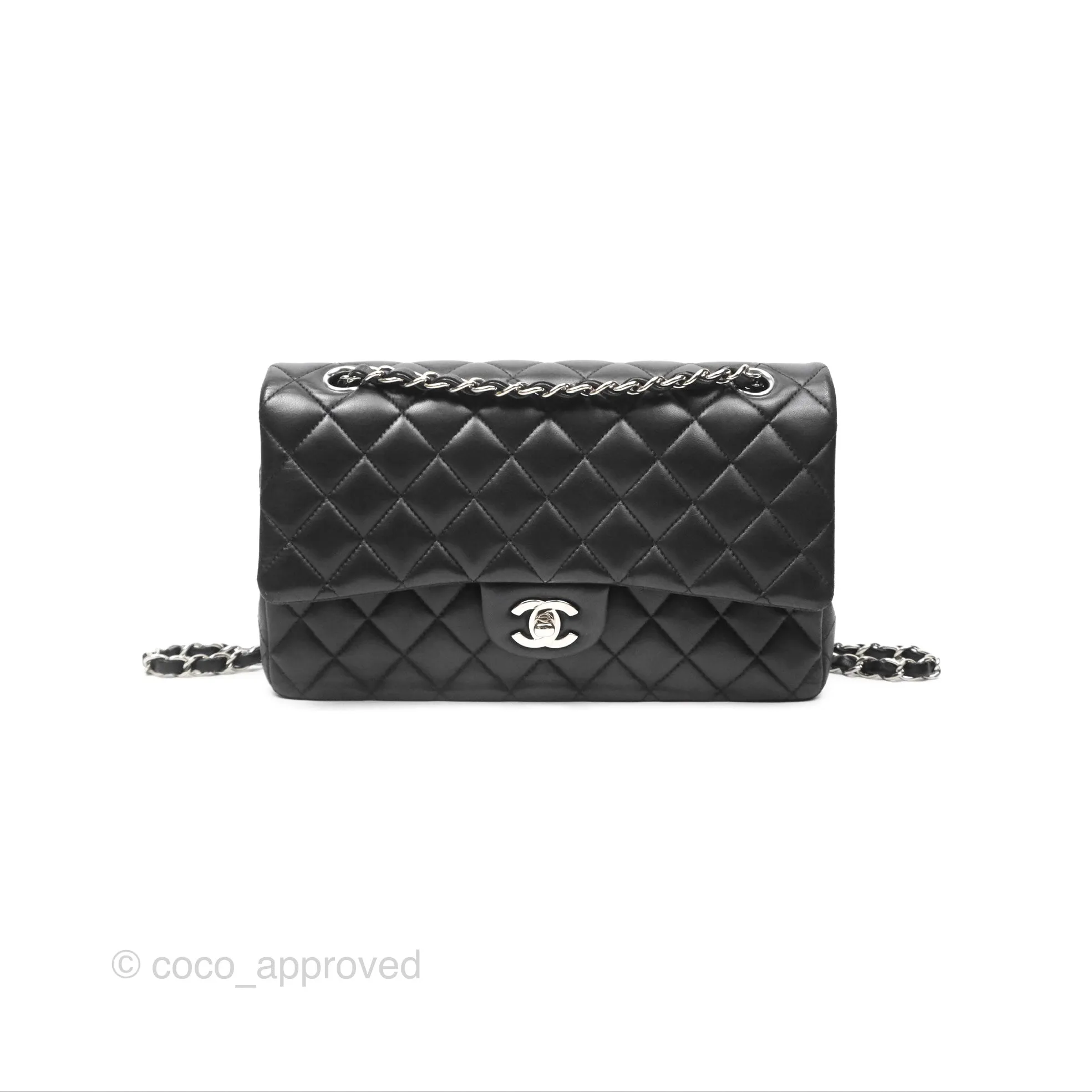 Chanel Classic M/L Medium Flap Quilted Black Lambskin Silver Hardware